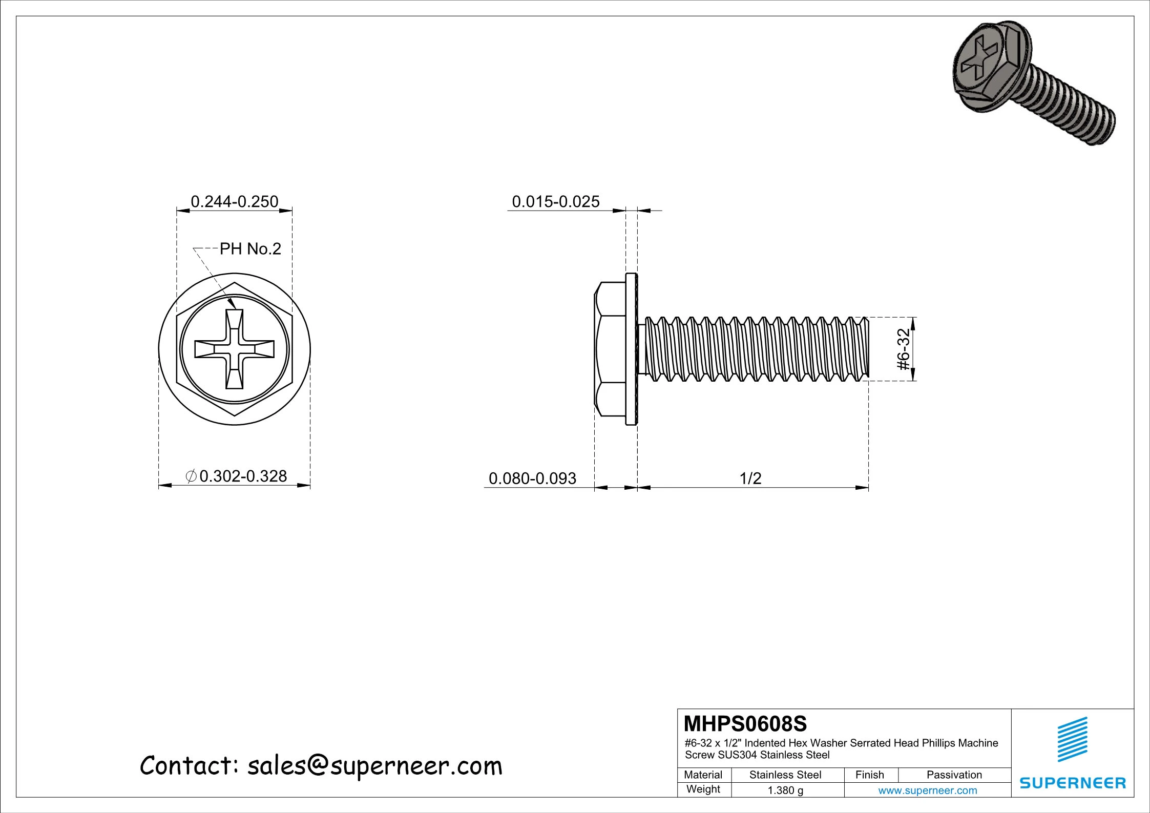 6-32 x 1/2" Indented Hex Washer Serrated Head Phillips Machine Screw SUS304 Stainless Steel Inox