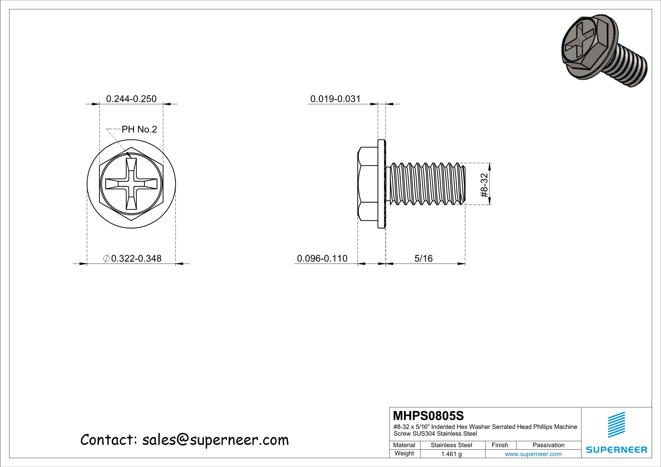 8-32 x 5/16" Indented Hex Washer Serrated Head Phillips Machine Screw SUS304 Stainless Steel Inox