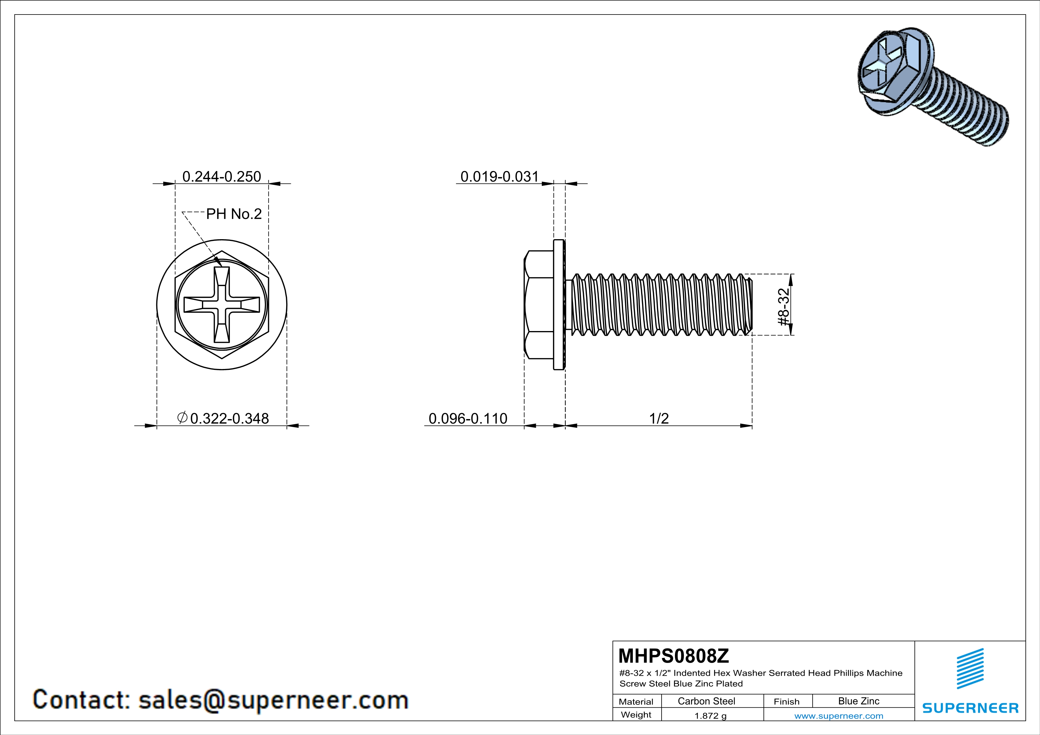 8-32 x 1/2" Indented Hex Washer Serrated Head Phillips Machine Screw Steel Blue Zinc Plated