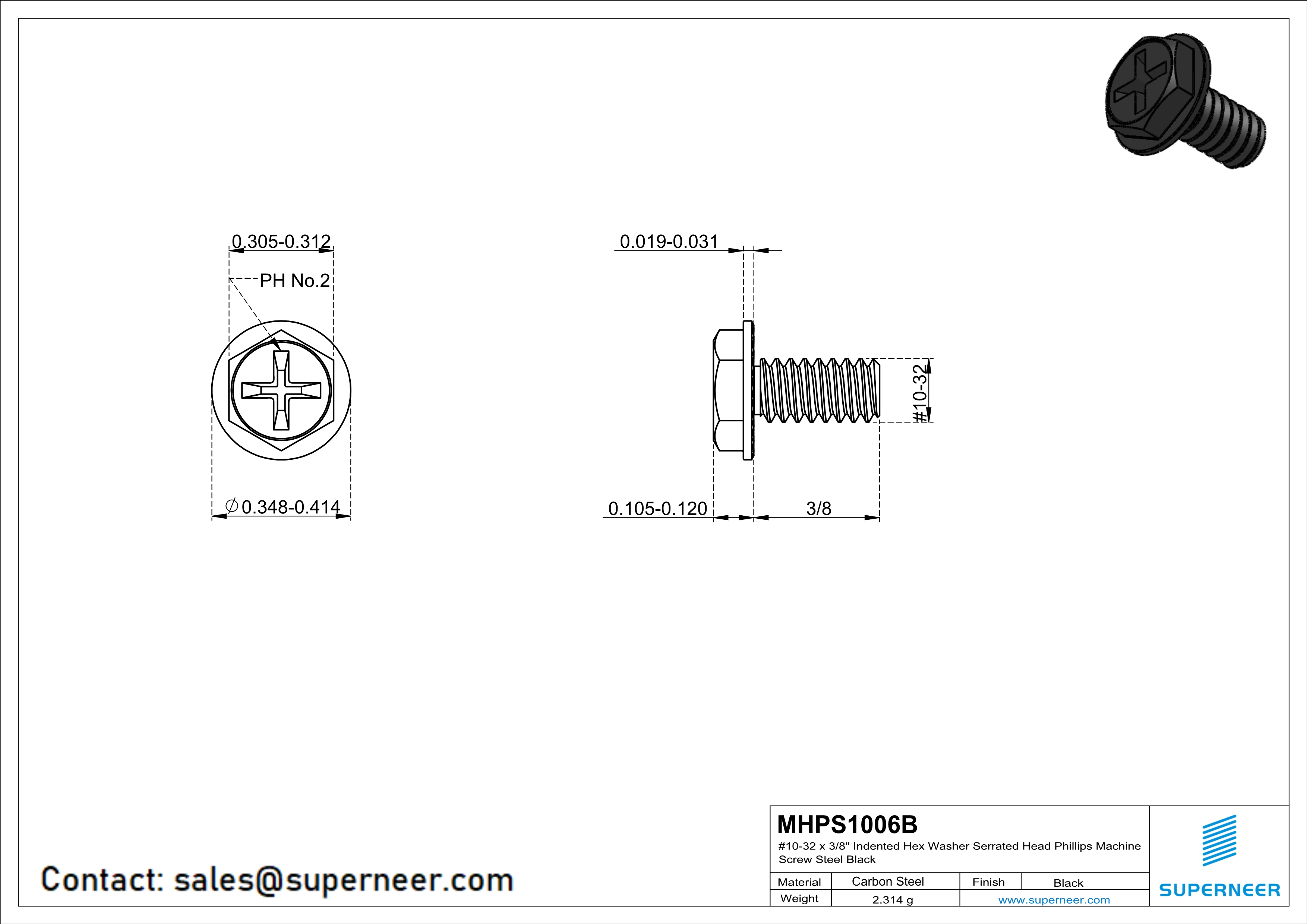 10-32 x 3/8" Indented Hex Washer Serrated Head Phillips Machine Screw Steel Black