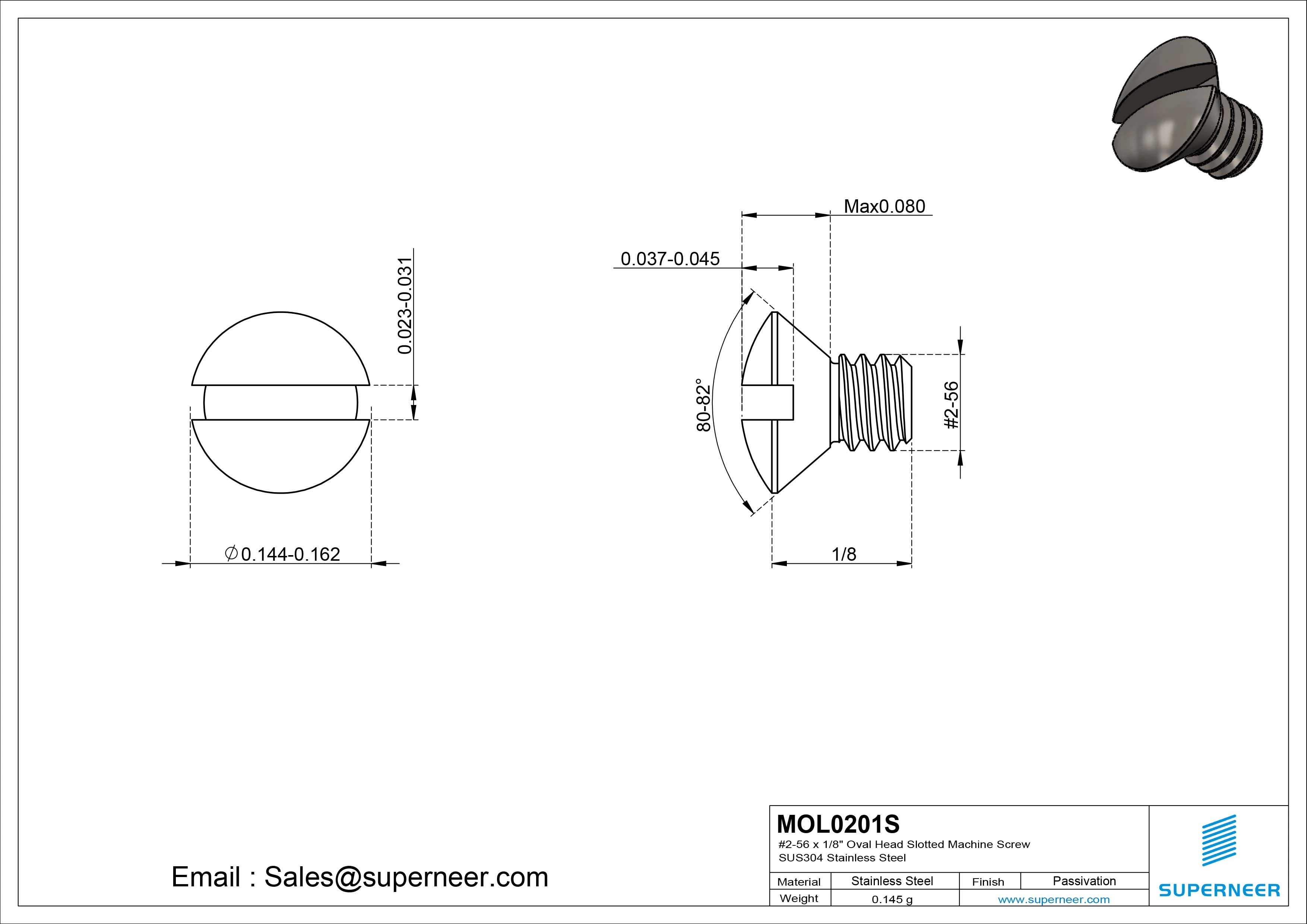 2-56 x 1/8" Oval Head Slotted Machine Screw SUS304 Stainless Steel Inox