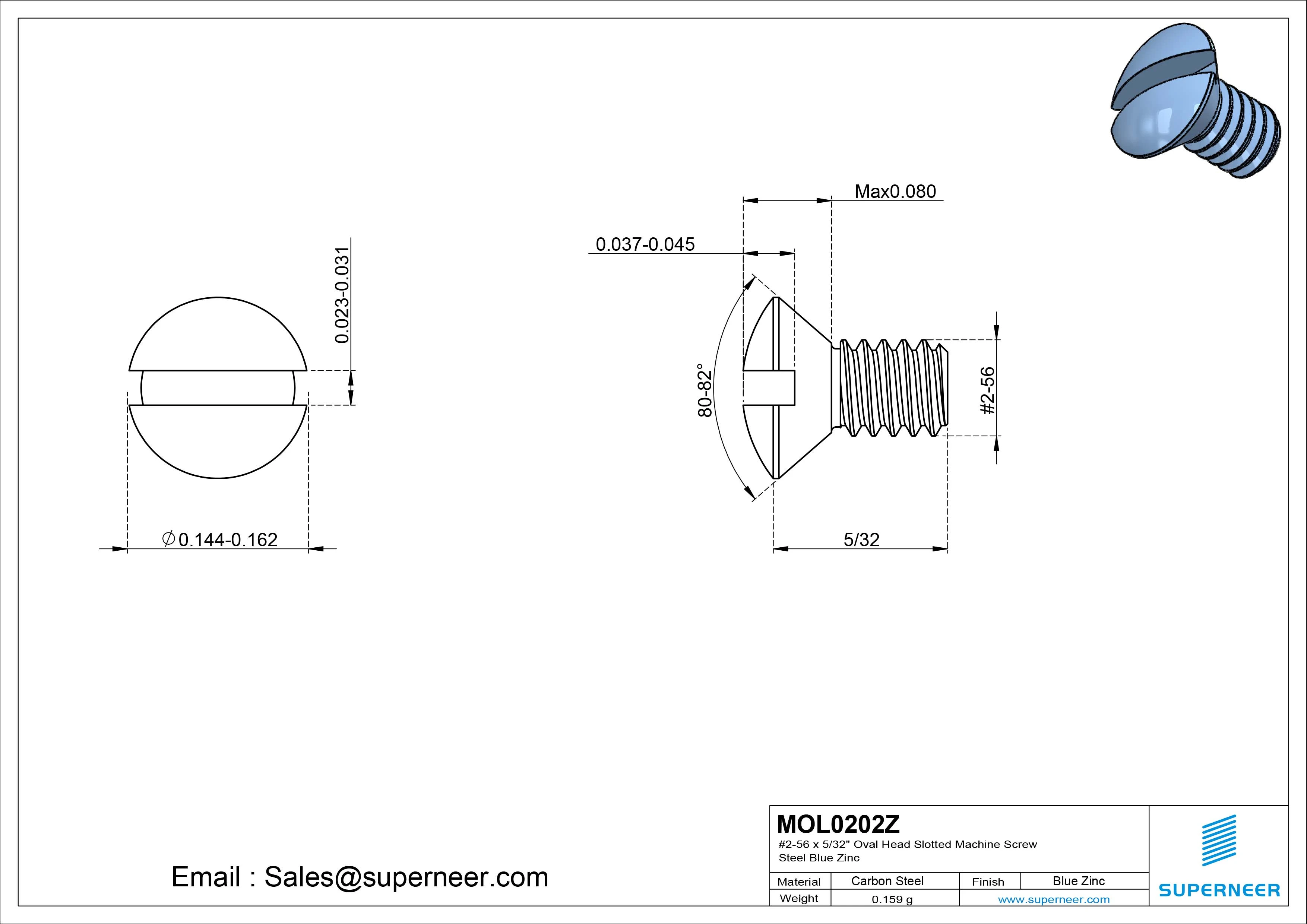 2-56 x 5/32" Oval Head Slotted Machine Screw Steel Blue Zinc Plated
