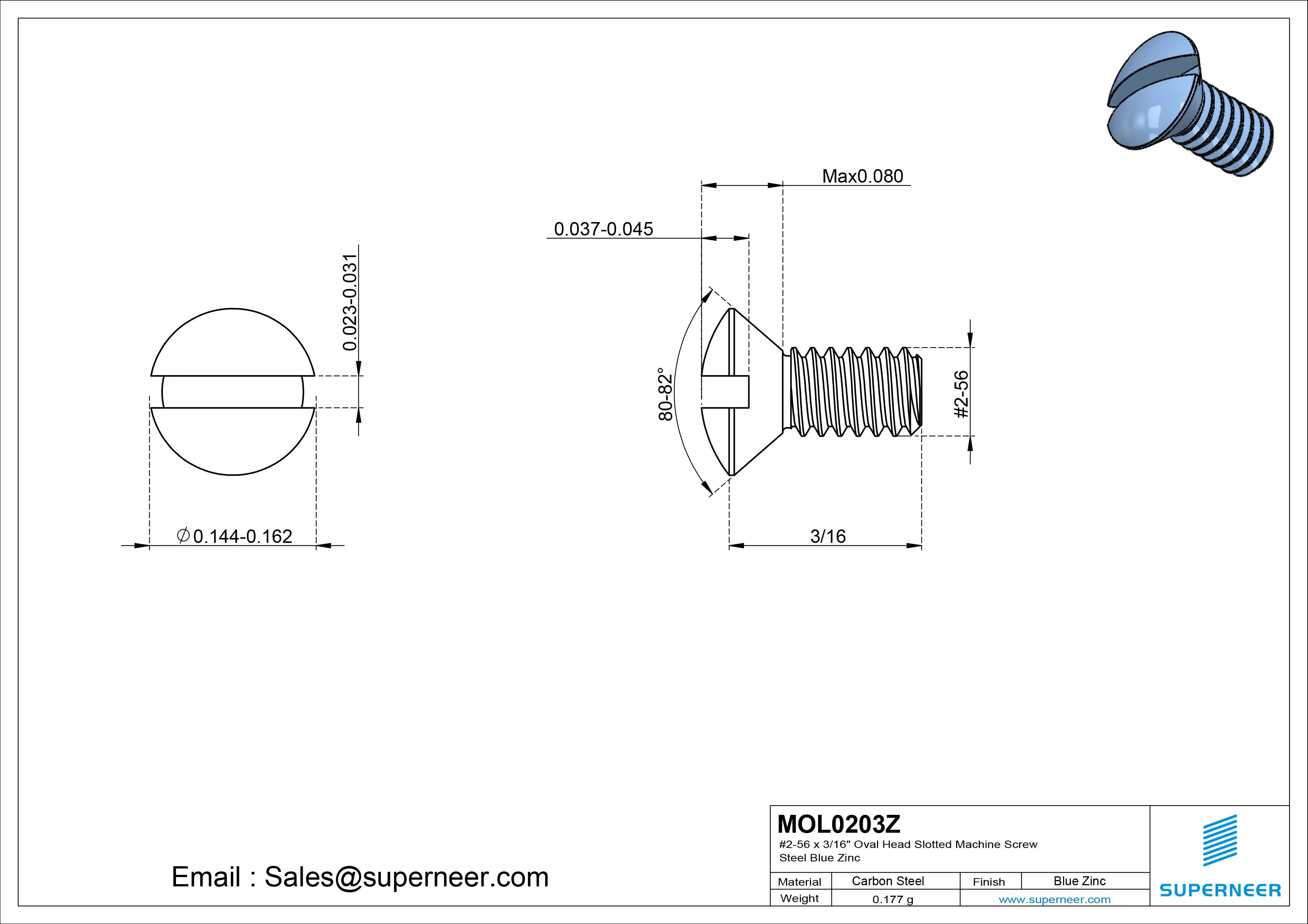 2-56 x 3/16" Oval Head Slotted Machine Screw Steel Blue Zinc Plated