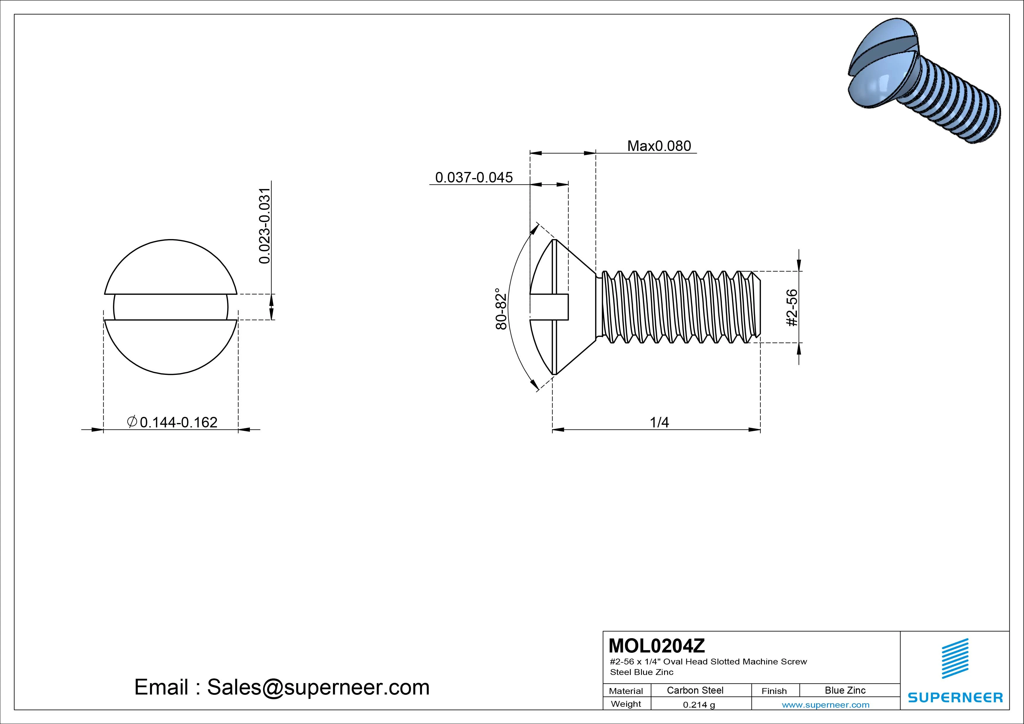 2-56 x 1/4" Oval Head Slotted Machine Screw Steel Blue Zinc Plated