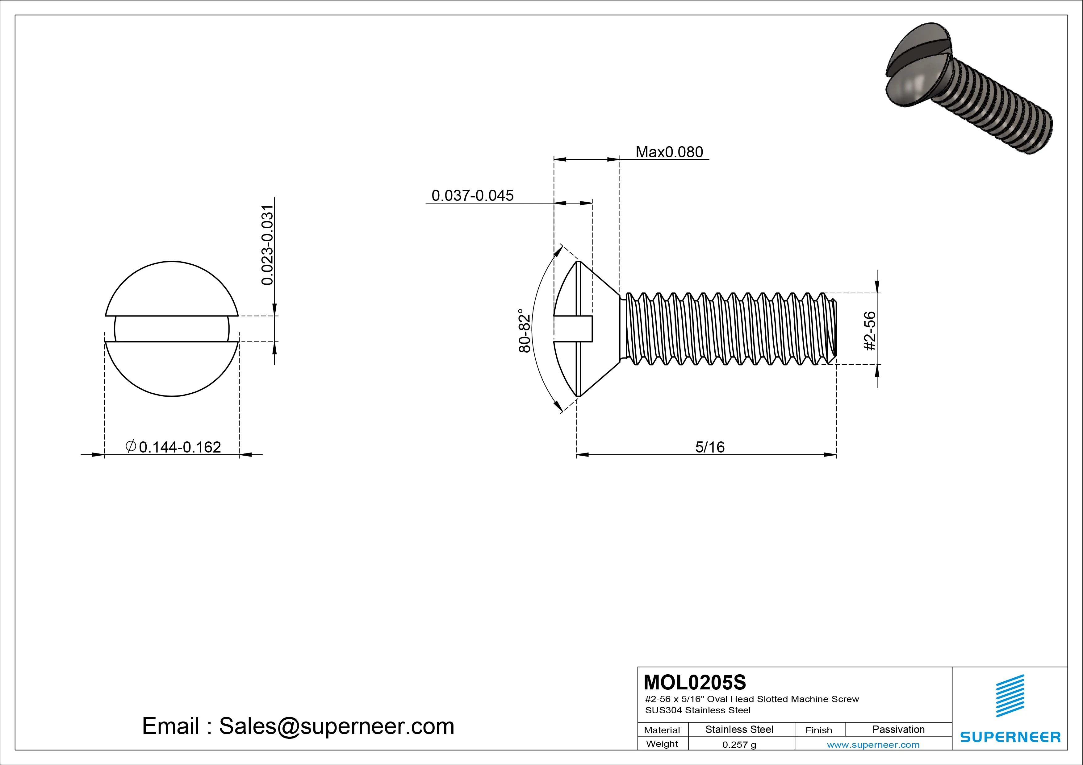2-56 x 5/16" Oval Head Slotted Machine Screw SUS304 Stainless Steel Inox