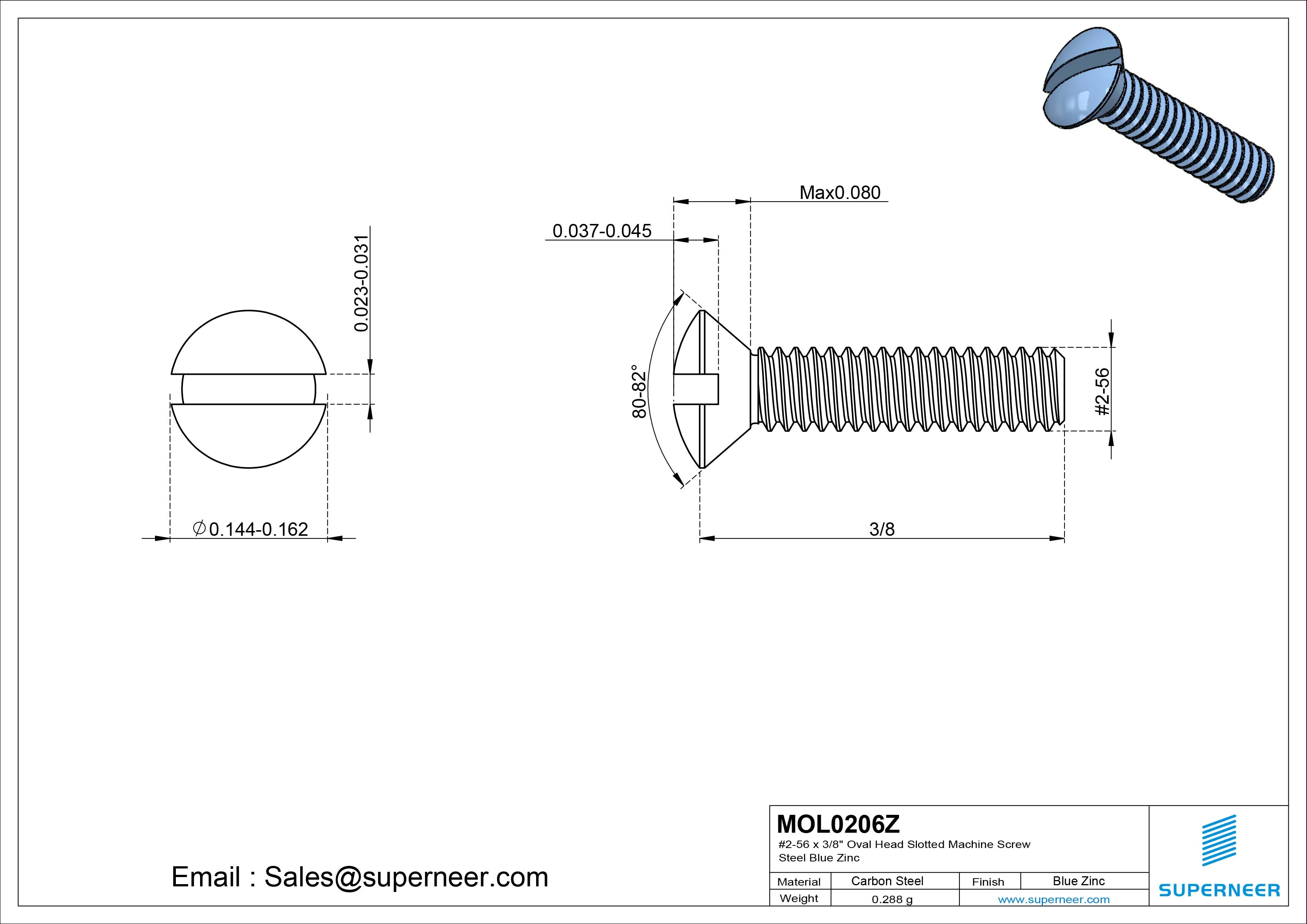 2-56 x 3/8" Oval Head Slotted Machine Screw Steel Blue Zinc Plated