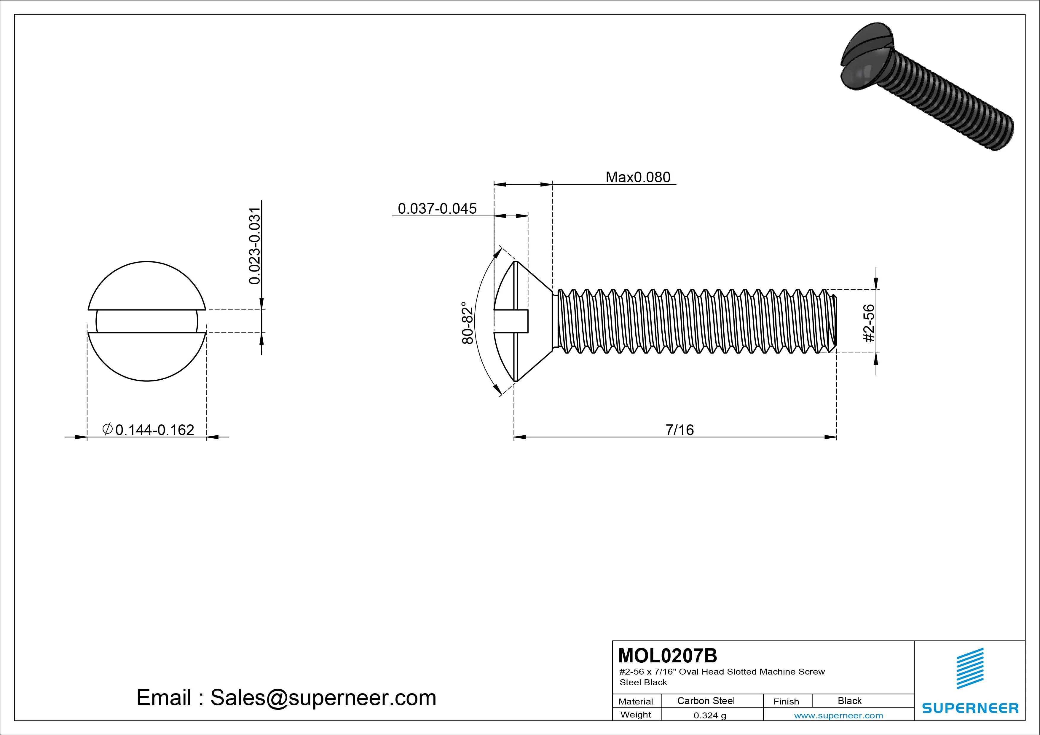 2-56 x 7/16" Oval Head Slotted Machine Screw Steel Black