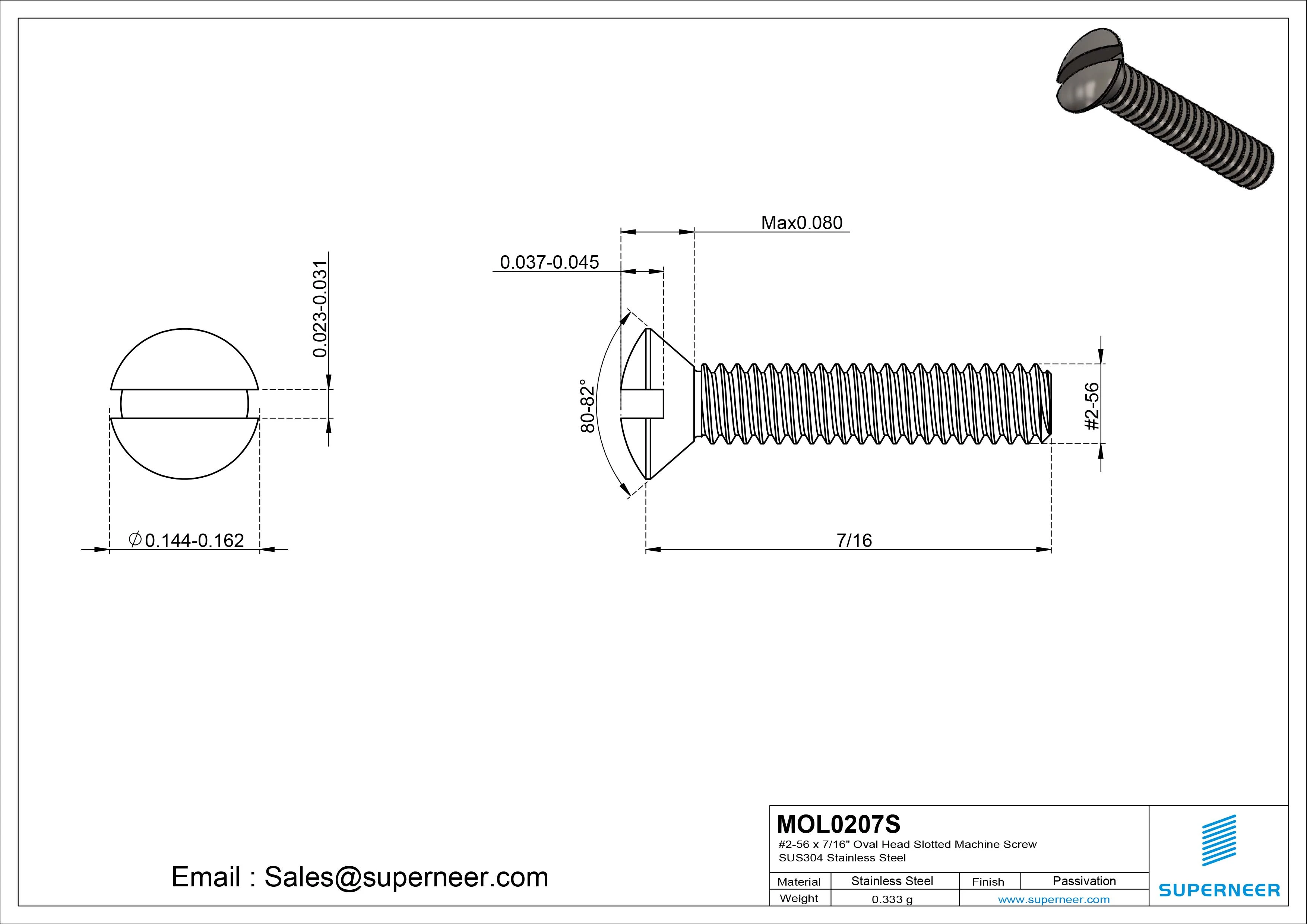 2-56 x 7/16" Oval Head Slotted Machine Screw SUS304 Stainless Steel Inox