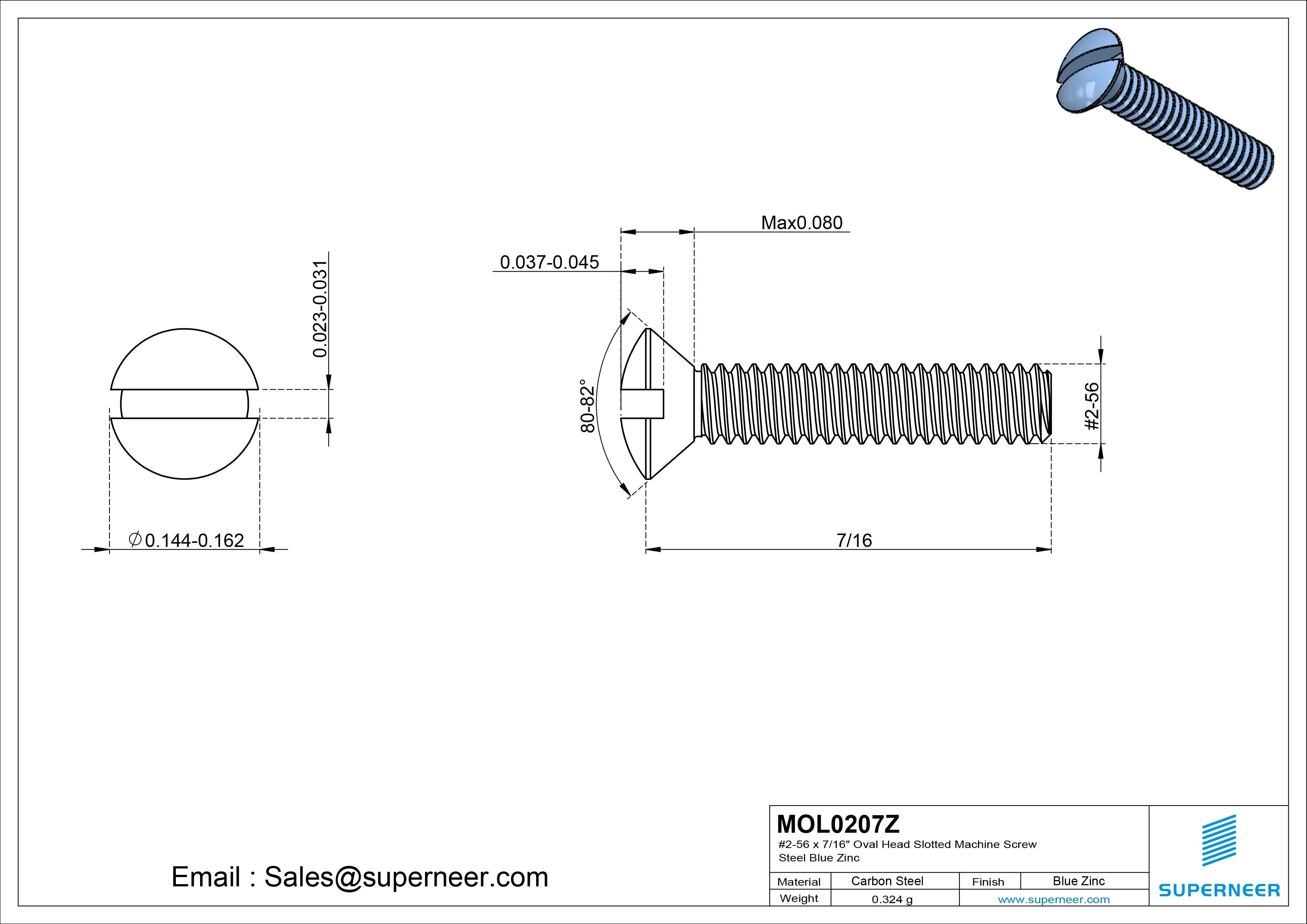 2-56 x 7/16" Oval Head Slotted Machine Screw Steel Blue Zinc Plated
