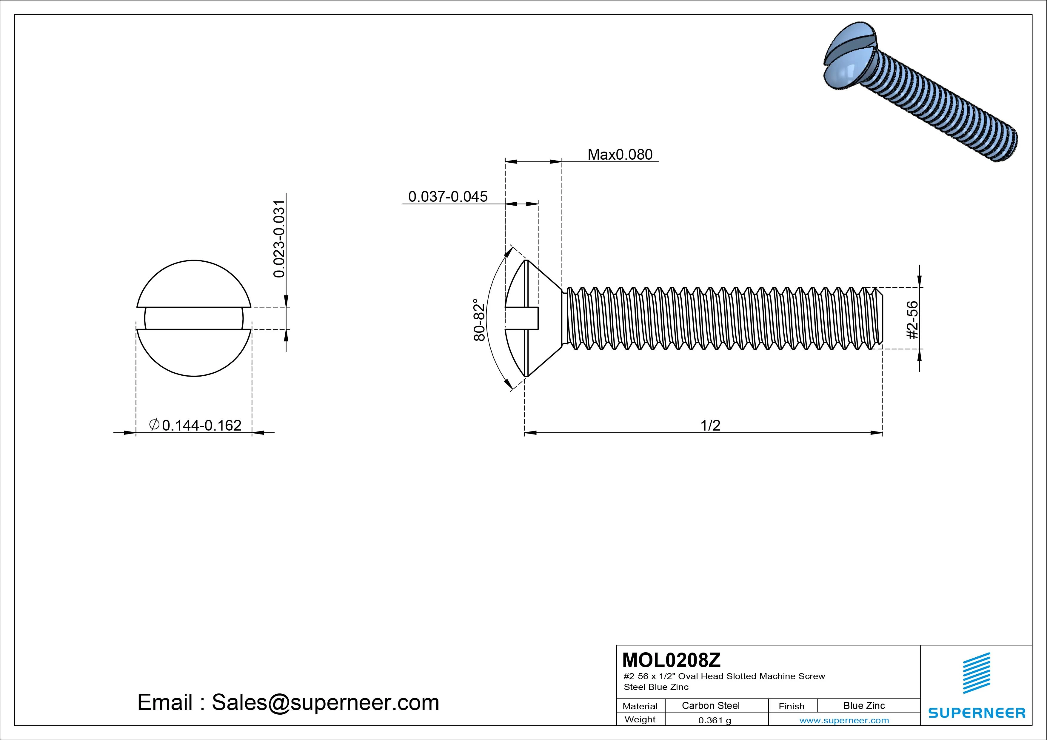 2-56 x 1/2" Oval Head Slotted Machine Screw Steel Blue Zinc Plated