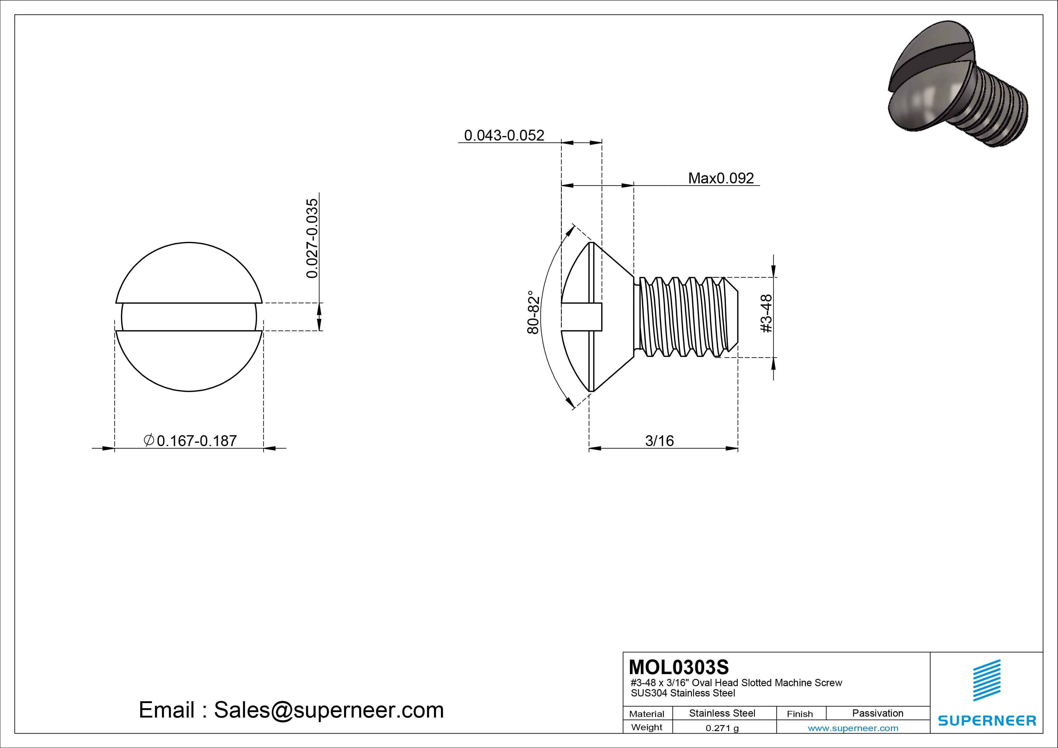 3-48 x 3/16" Oval Head Slotted Machine Screw SUS304 Stainless Steel Inox