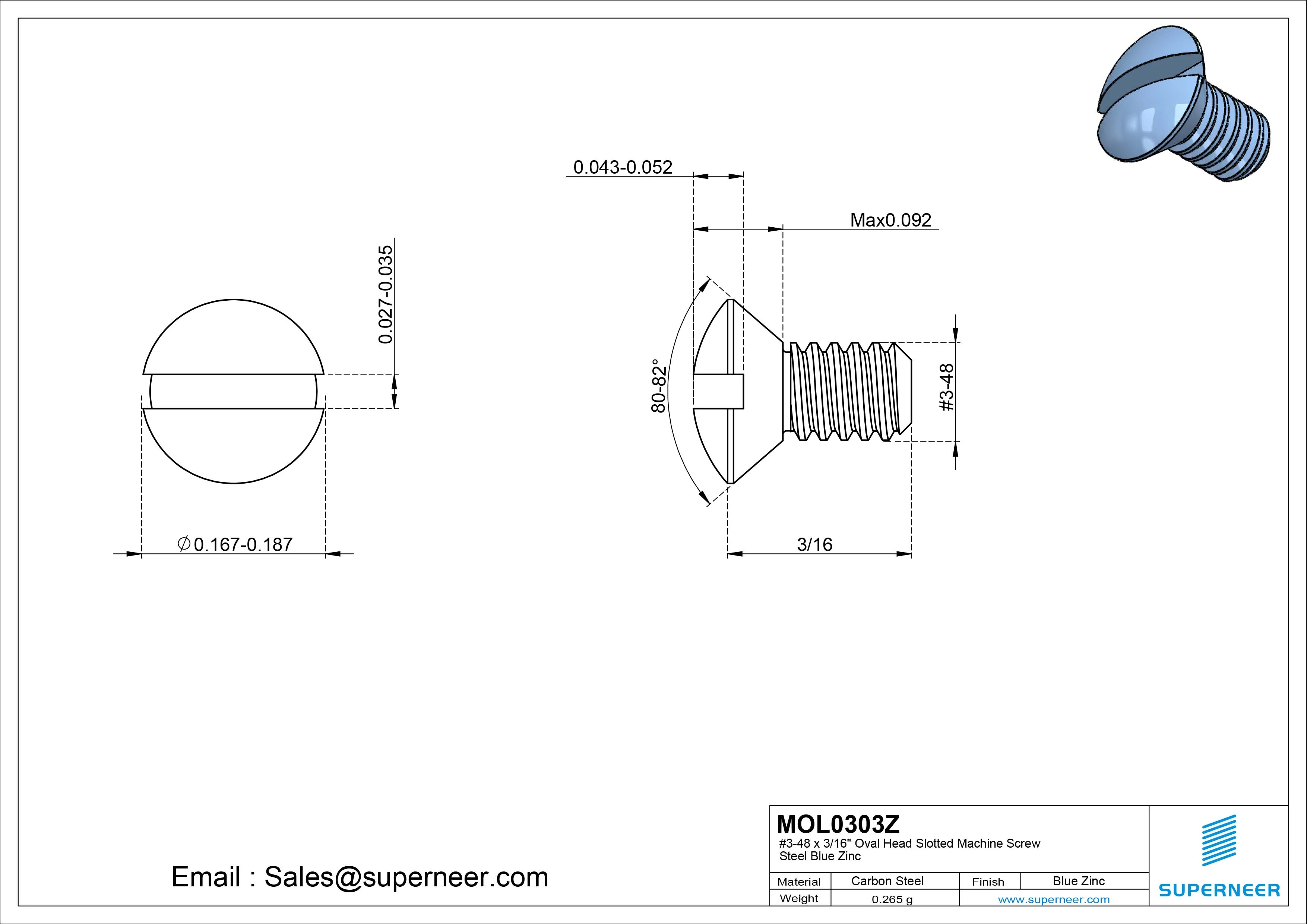 3-48 x 3/16" Oval Head Slotted Machine Screw Steel Blue Zinc Plated