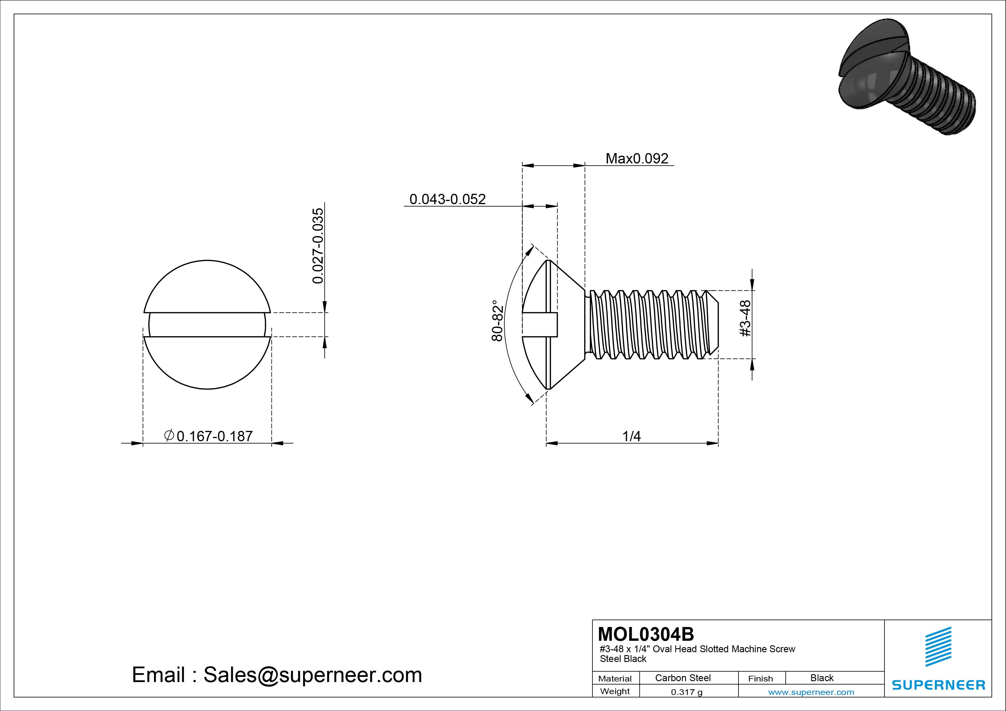 3-48 x 1/4" Oval Head Slotted Machine Screw Steel Black