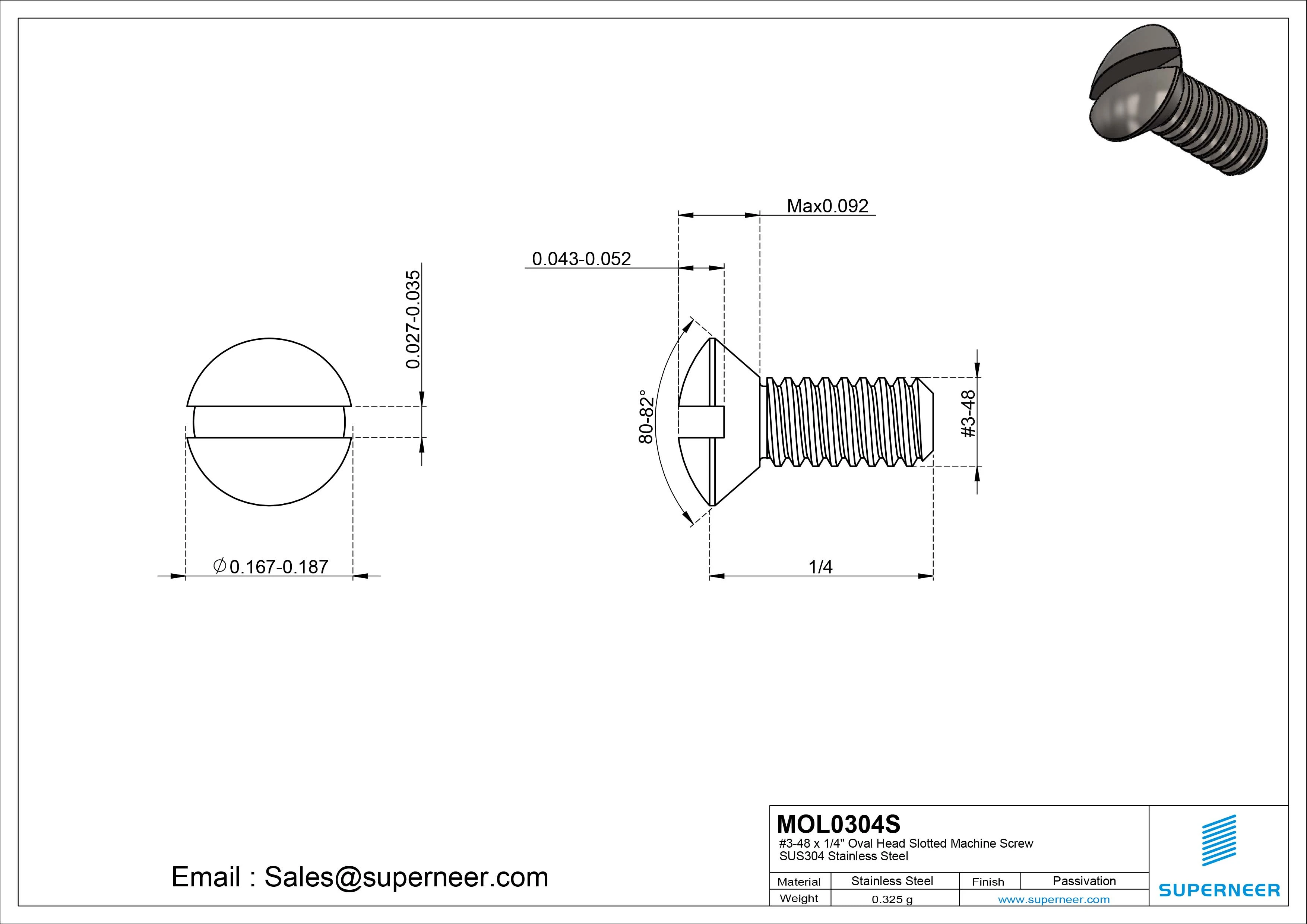 3-48 x 1/4" Oval Head Slotted Machine Screw SUS304 Stainless Steel Inox