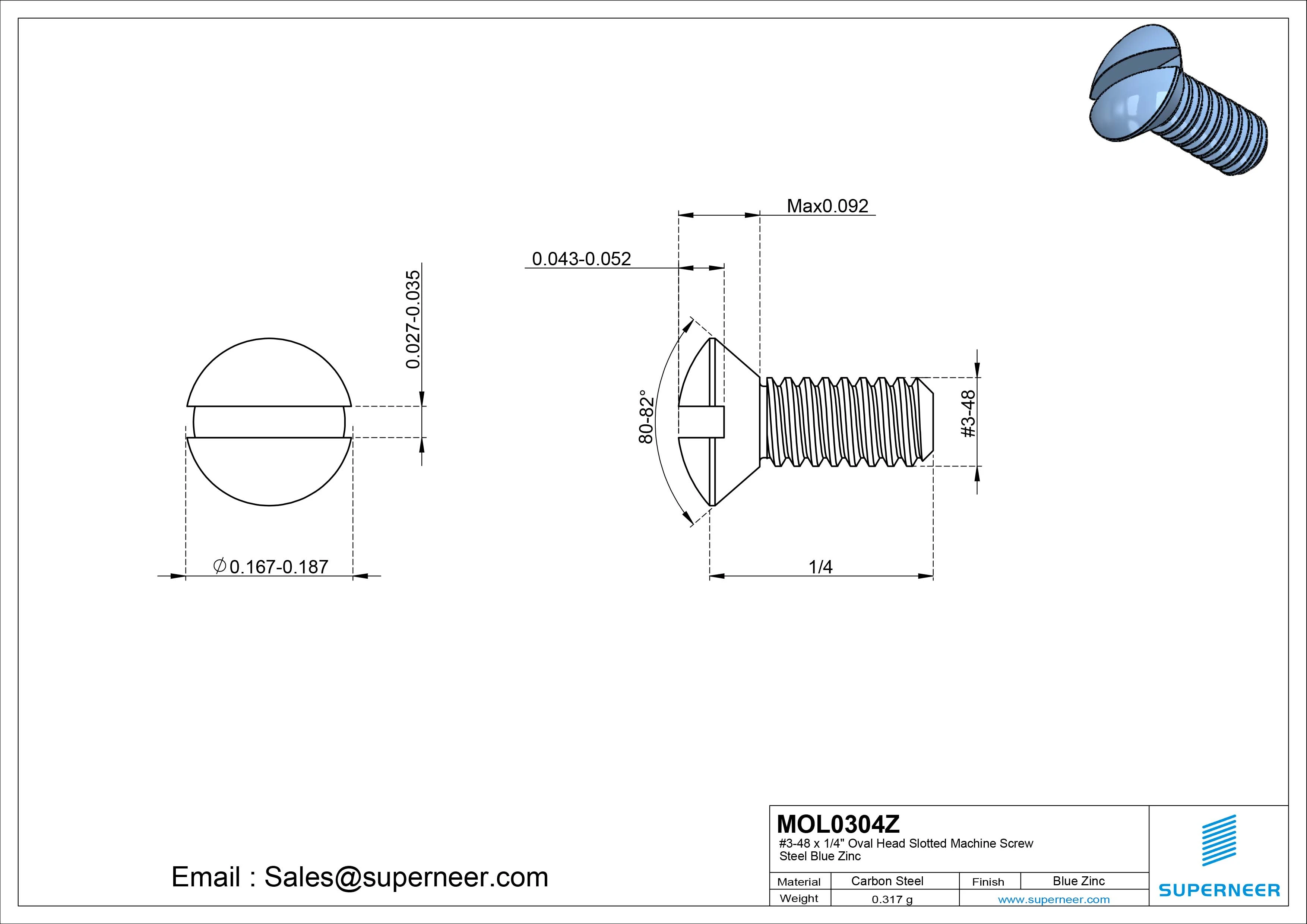 3-48 x 1/4" Oval Head Slotted Machine Screw Steel Blue Zinc Plated
