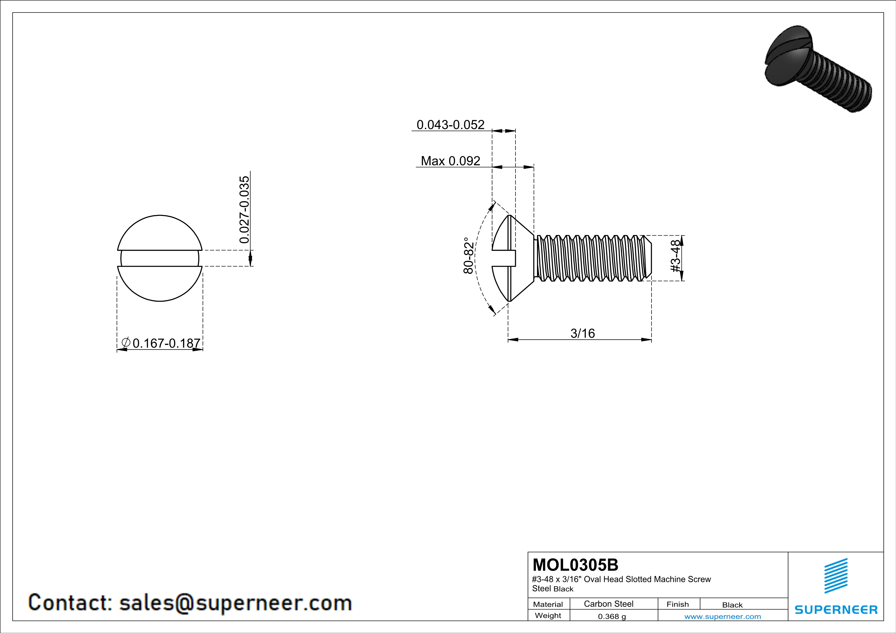 3-48 x 5/16" Oval Head Slotted Machine Screw Steel Black