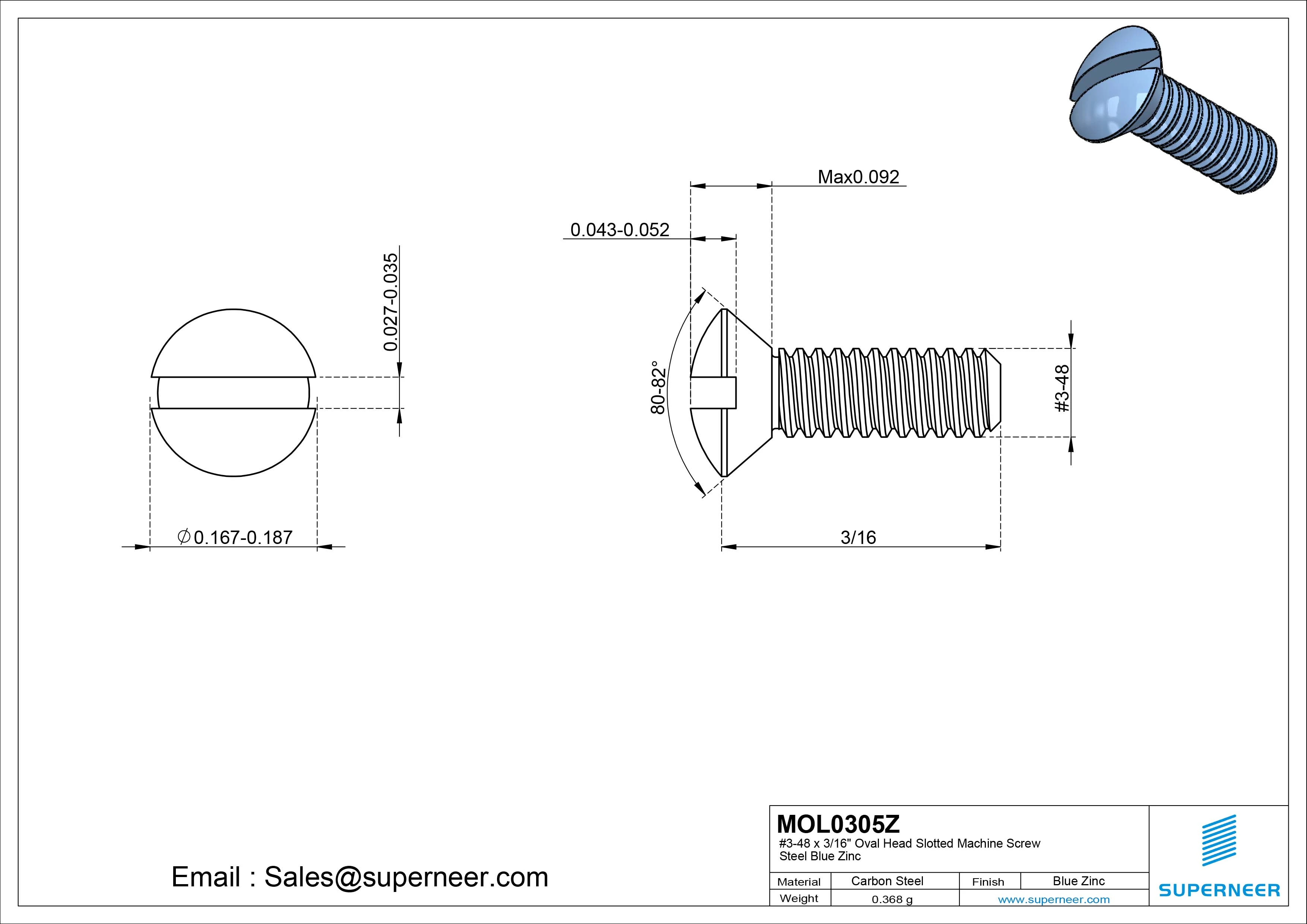 3-48 x 5/16" Oval Head Slotted Machine Screw Steel Blue Zinc Plated
