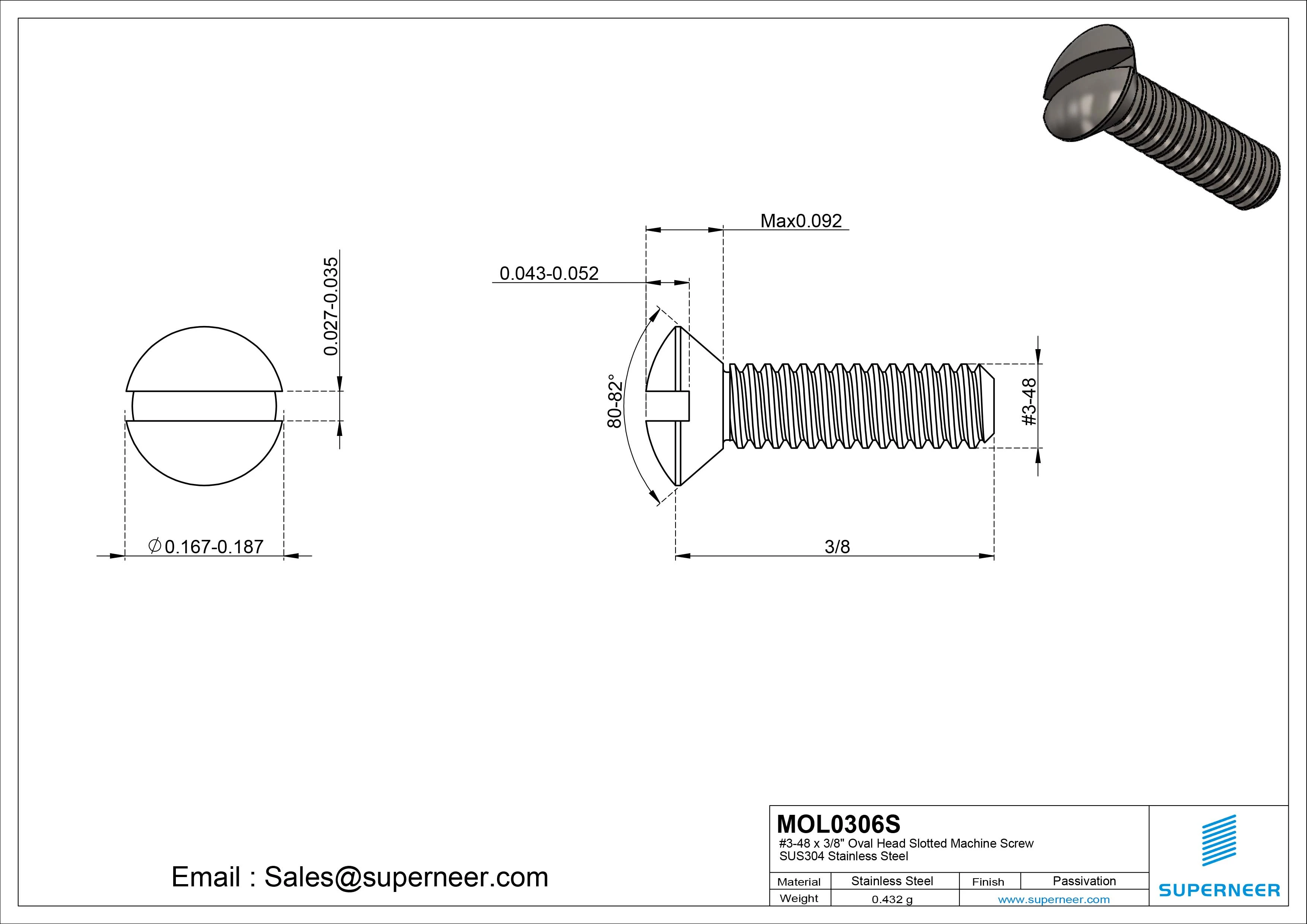 3-48 x 3/8" Oval Head Slotted Machine Screw SUS304 Stainless Steel Inox