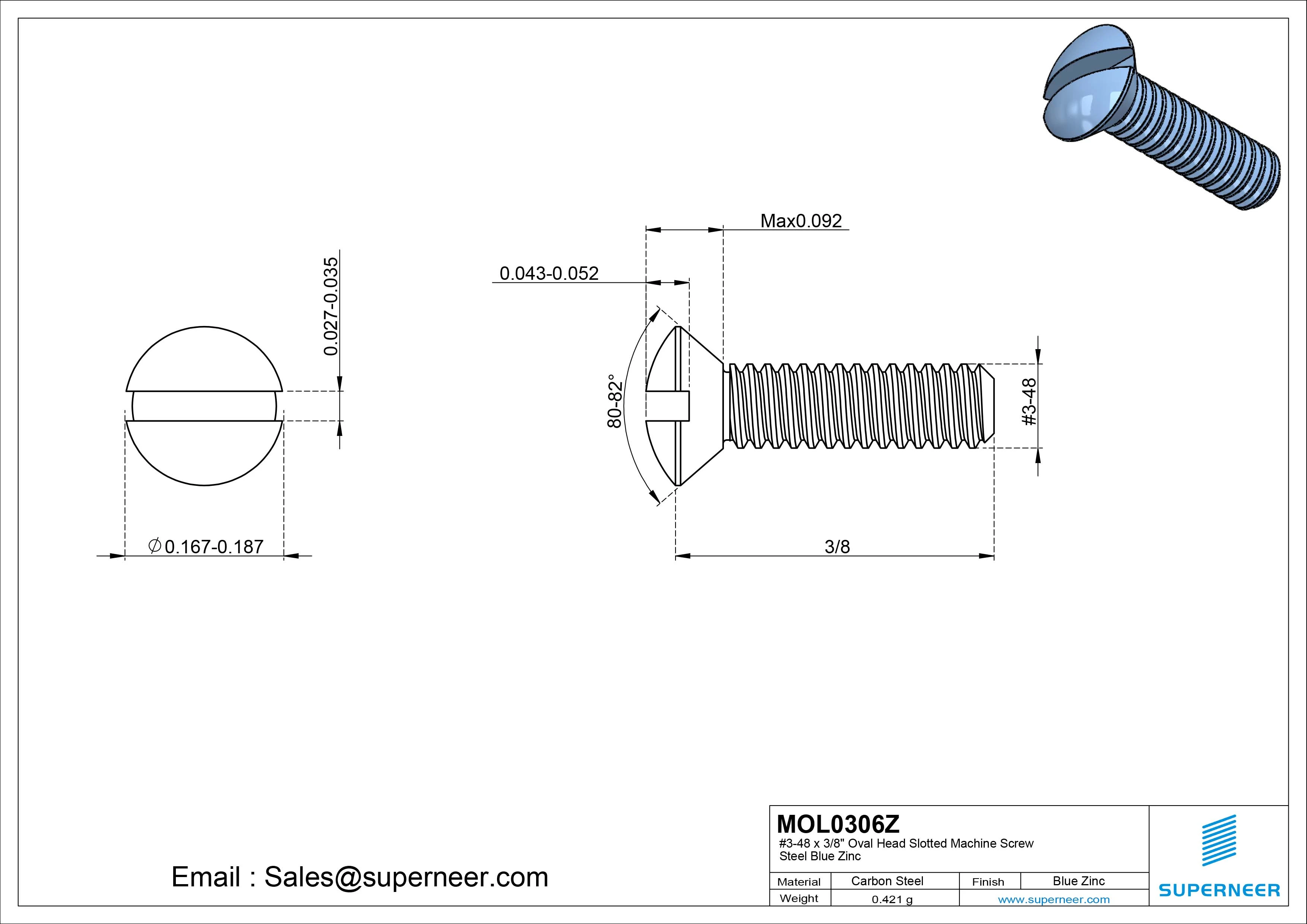 3-48 x 3/8" Oval Head Slotted Machine Screw Steel Blue Zinc Plated