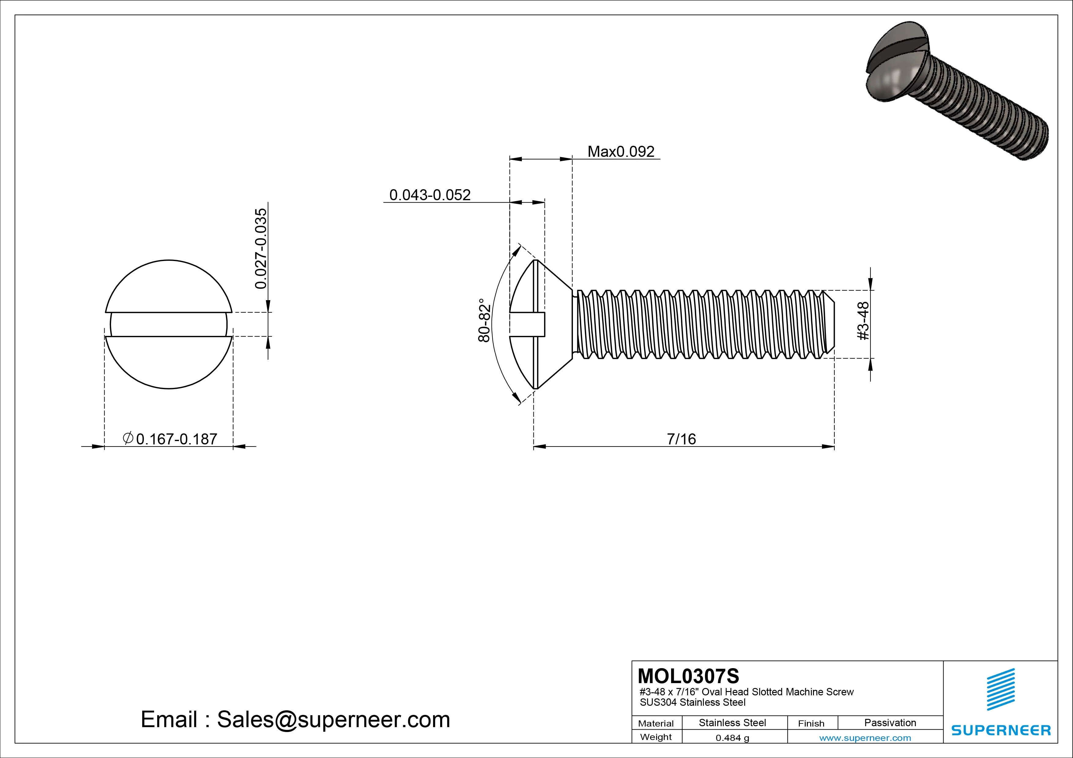 3-48 x 7/16" Oval Head Slotted Machine Screw SUS304 Stainless Steel Inox
