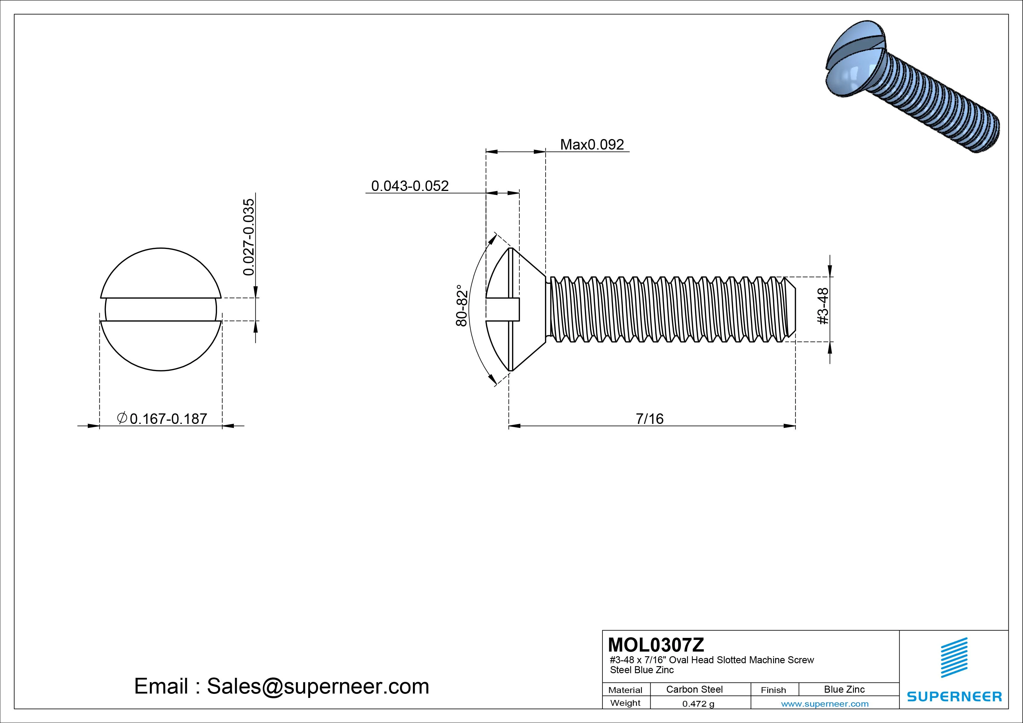 3-48 x 7/16" Oval Head Slotted Machine Screw Steel Blue Zinc Plated