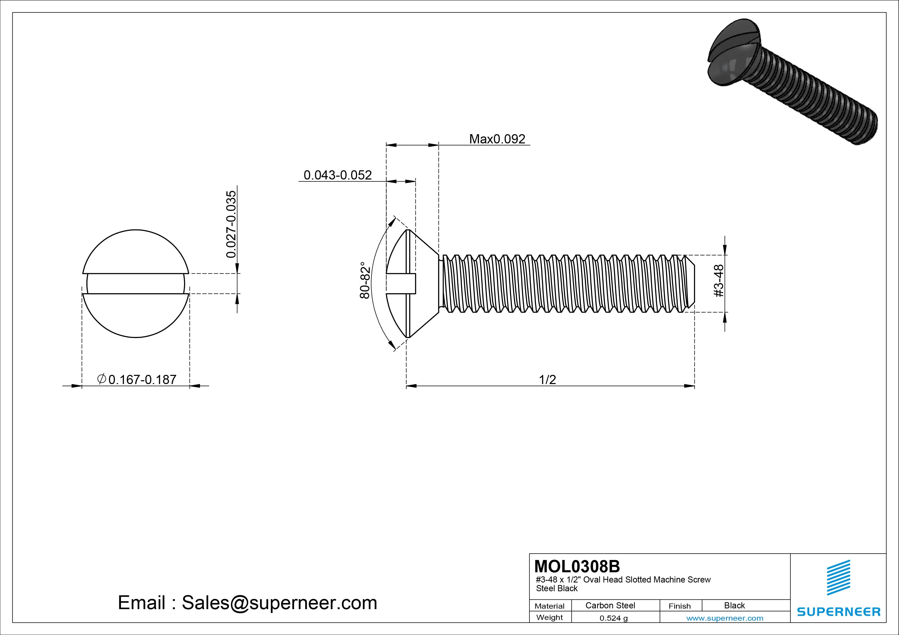 3-48 x 1/2" Oval Head Slotted Machine Screw Steel Black