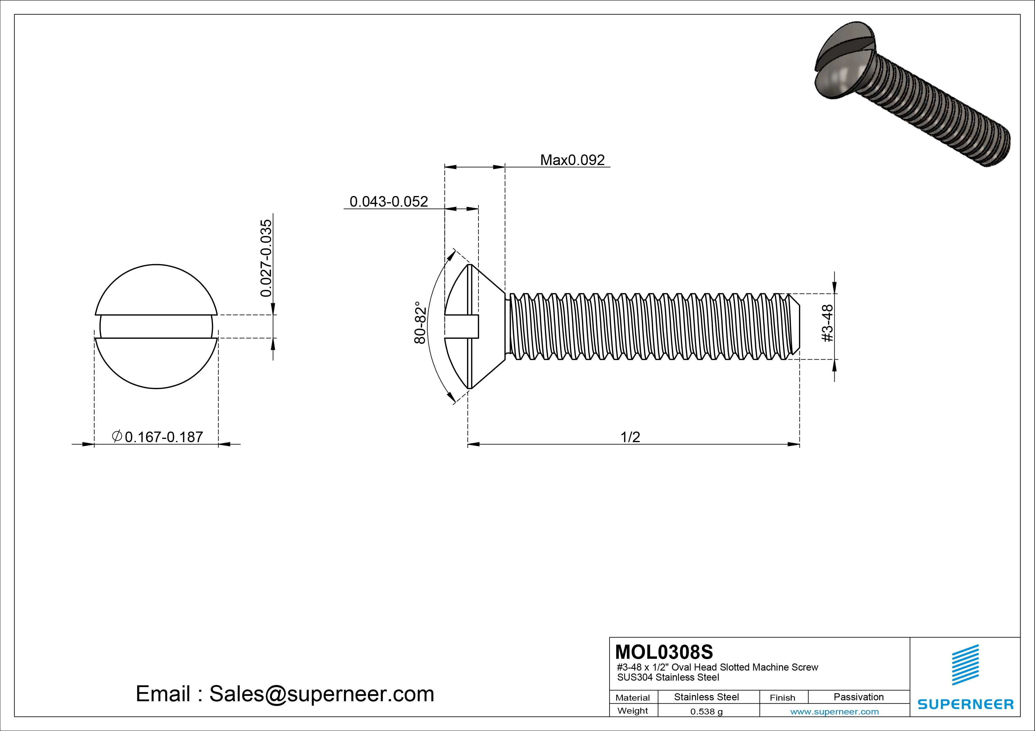 3-48 x 1/2" Oval Head Slotted Machine Screw SUS304 Stainless Steel Inox