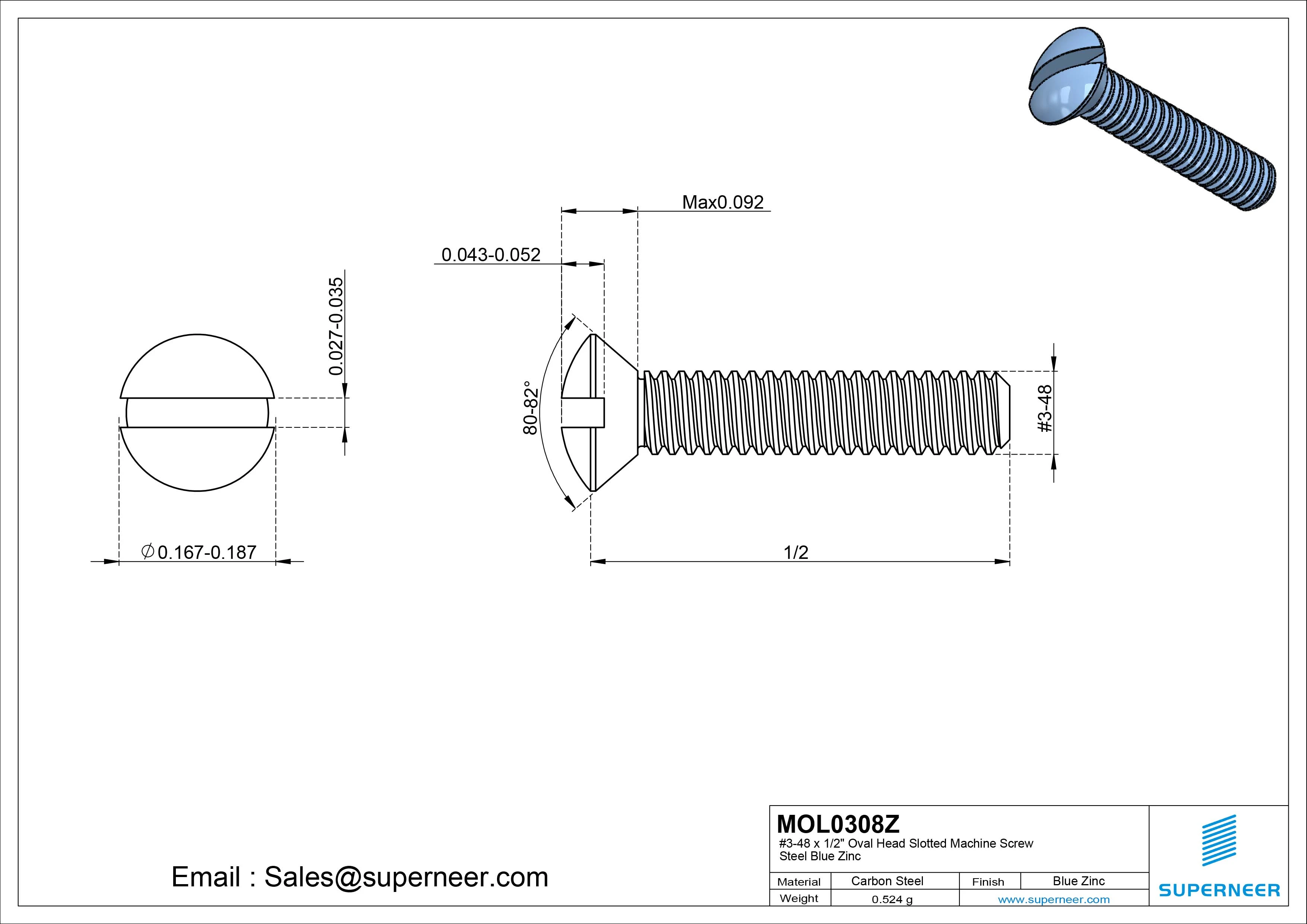 3-48 x 1/2" Oval Head Slotted Machine Screw Steel Blue Zinc Plated