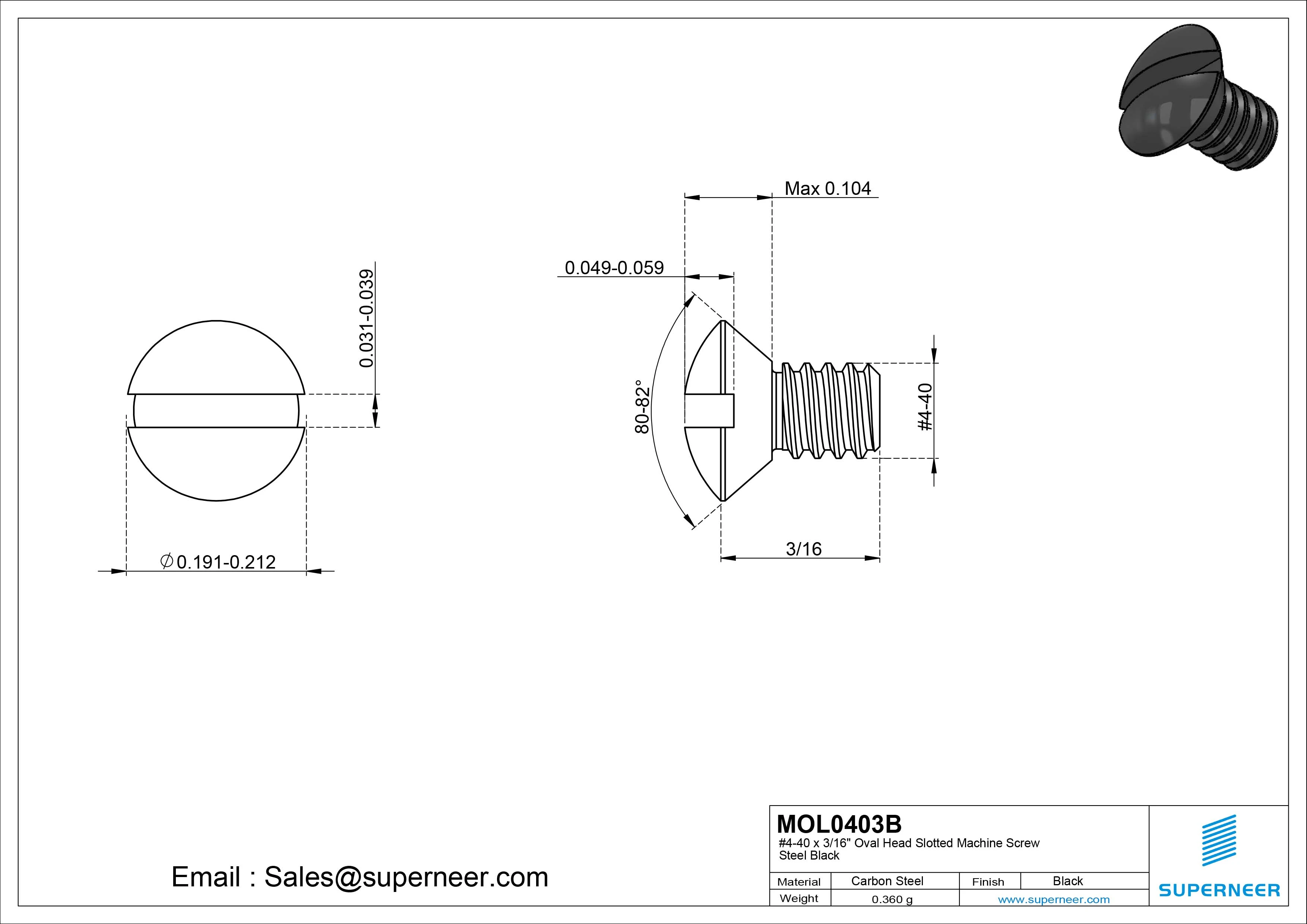 4-40 x 3/16" Oval Head Slotted Machine Screw Steel Black