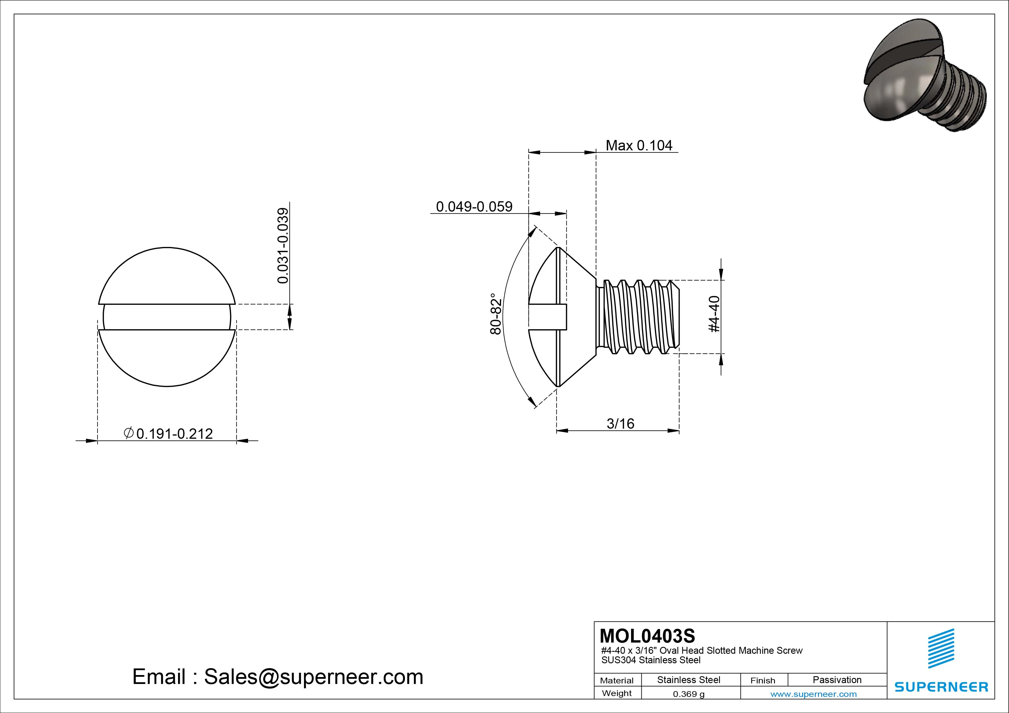 4-40 x 3/16" Oval Head Slotted Machine Screw SUS304 Stainless Steel Inox