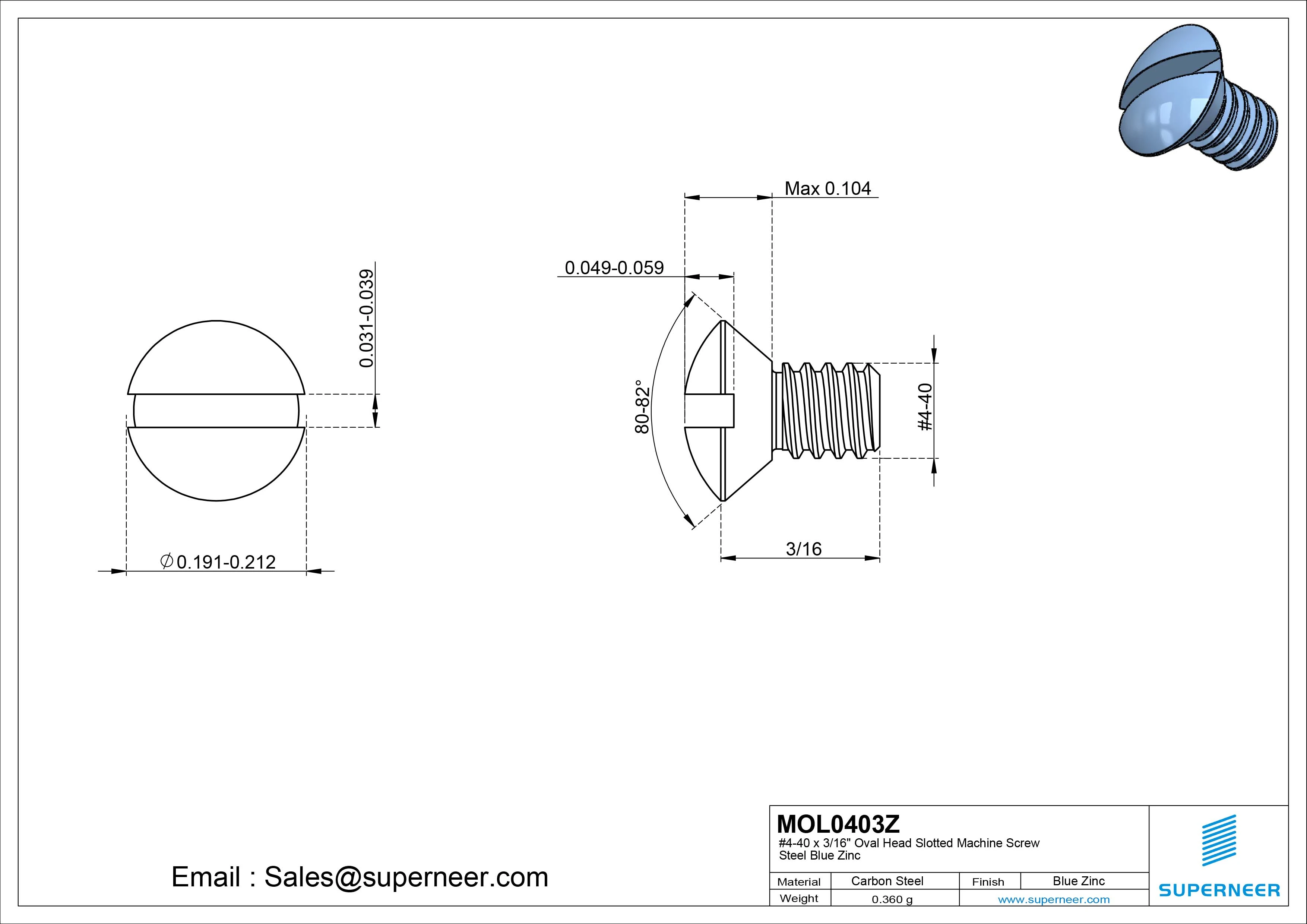 4-40 x 3/16" Oval Head Slotted Machine Screw Steel Blue Zinc Plated