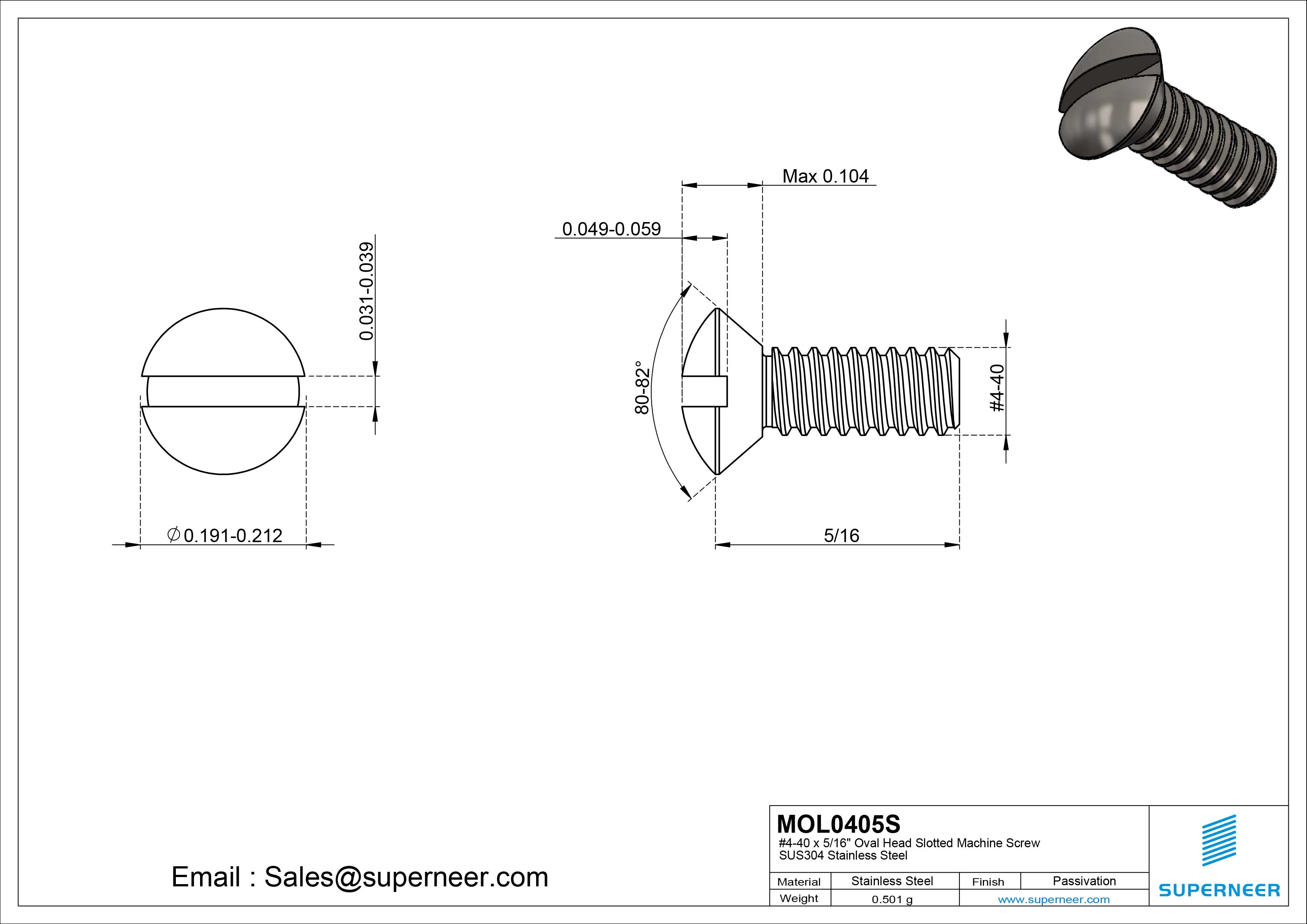 4-40 x 5/16" Oval Head Slotted Machine Screw SUS304 Stainless Steel Inox