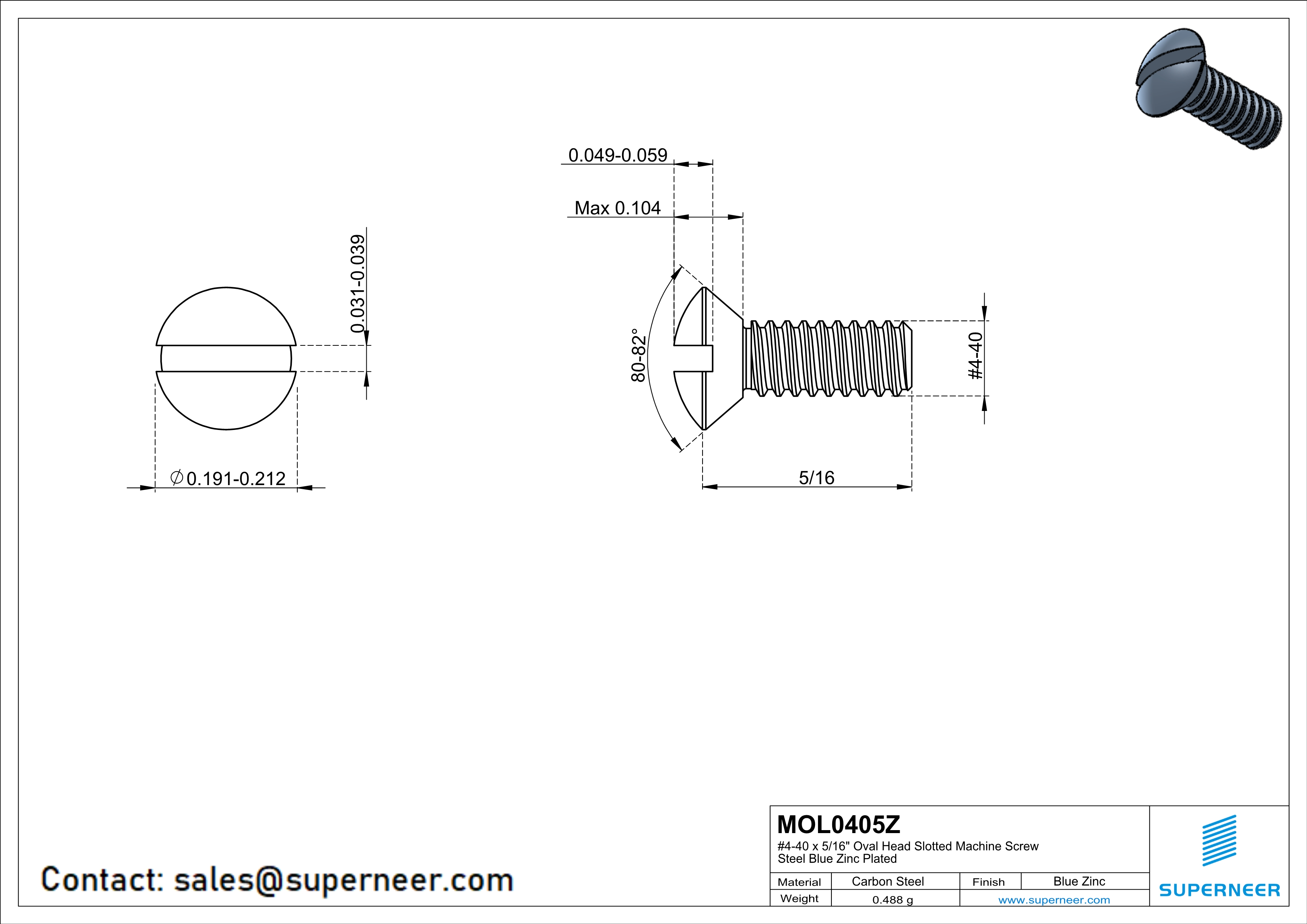 4-40 x 5/16" Oval Head Slotted Machine Screw Steel Blue Zinc Plated