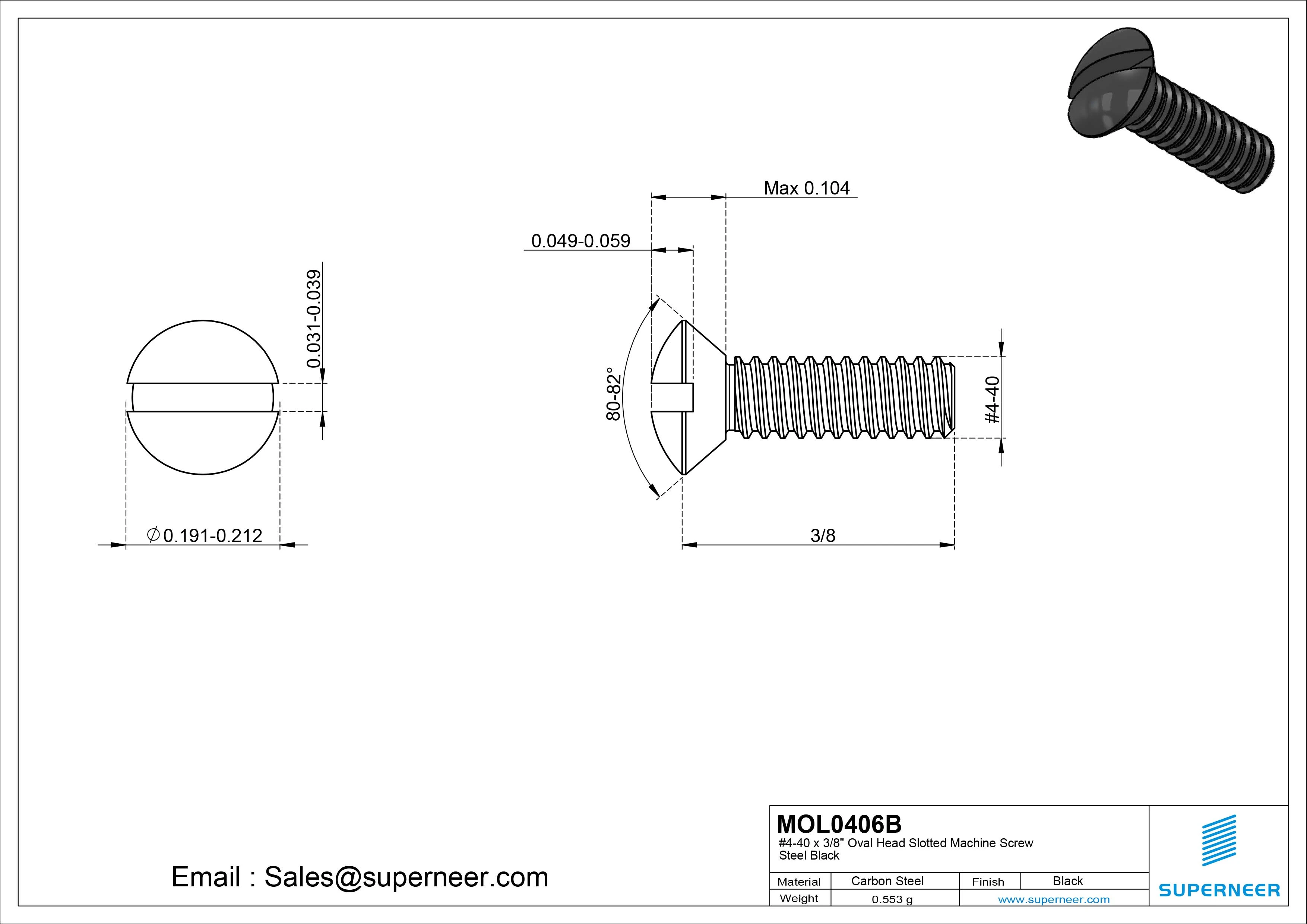 4-40 x 3/8" Oval Head Slotted Machine Screw Steel Black