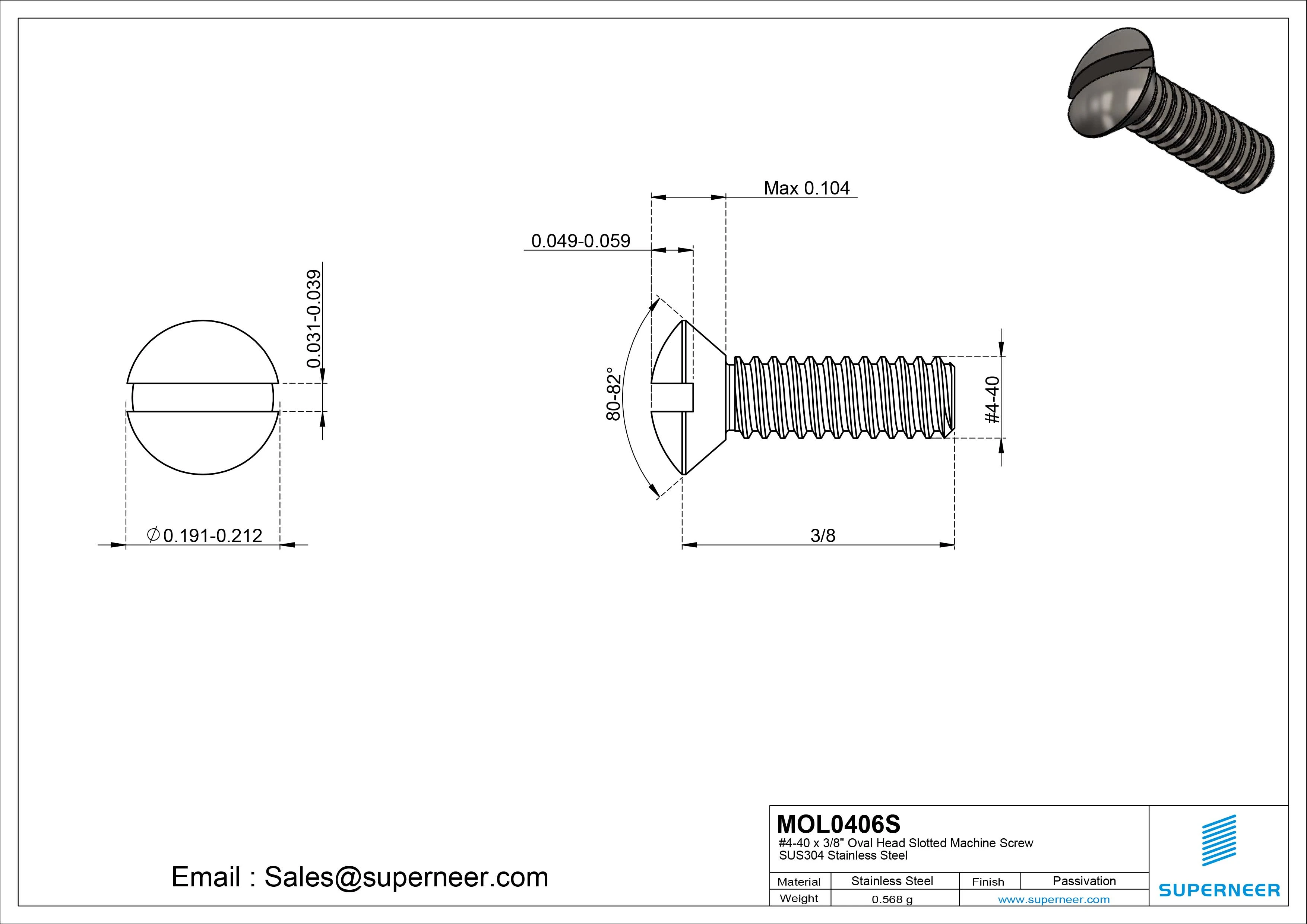 4-40 x 3/8" Oval Head Slotted Machine Screw SUS304 Stainless Steel Inox