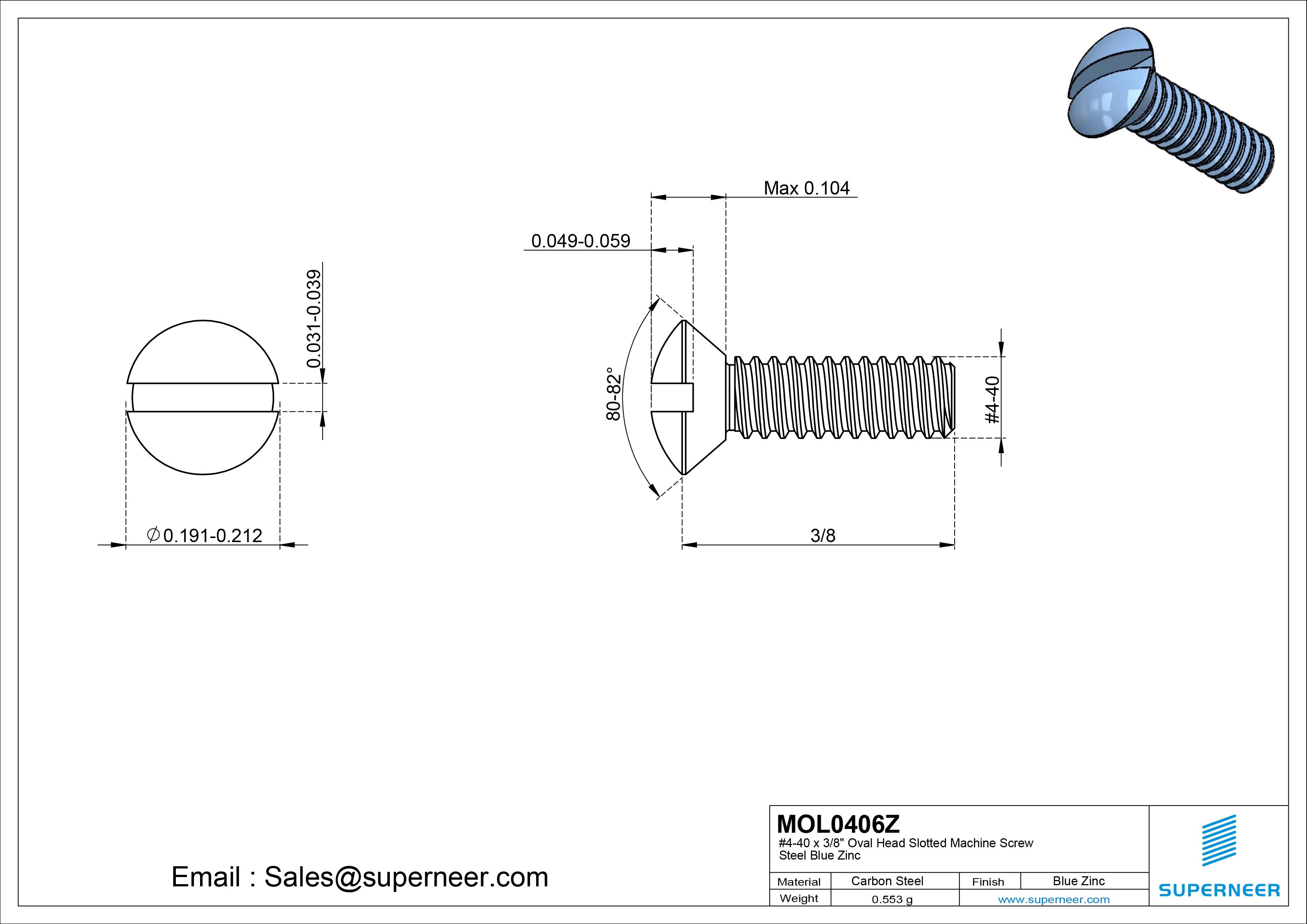 4-40 x 3/8" Oval Head Slotted Machine Screw Steel Blue Zinc Plated