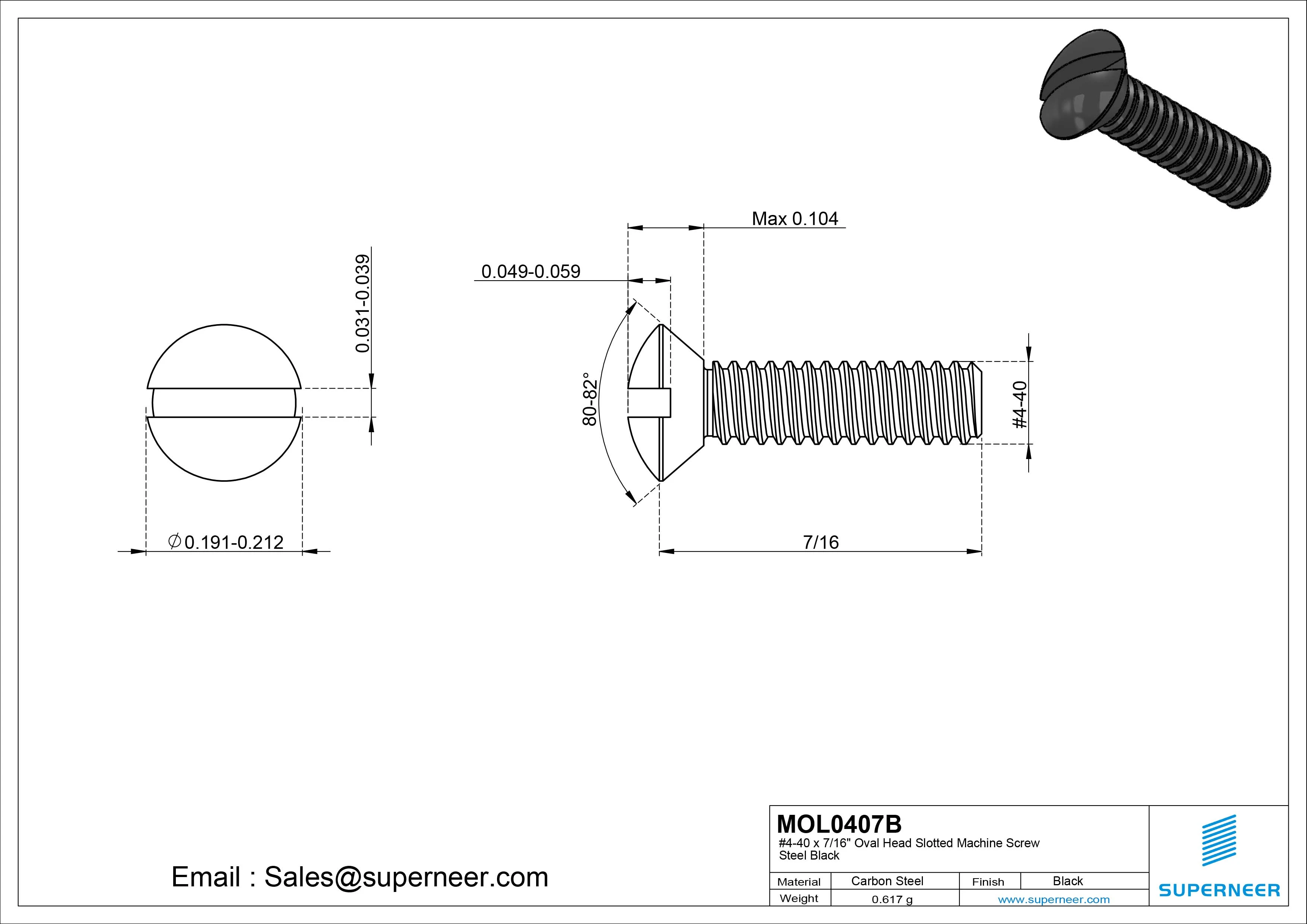 4-40 x 7/16" Oval Head Slotted Machine Screw Steel Black