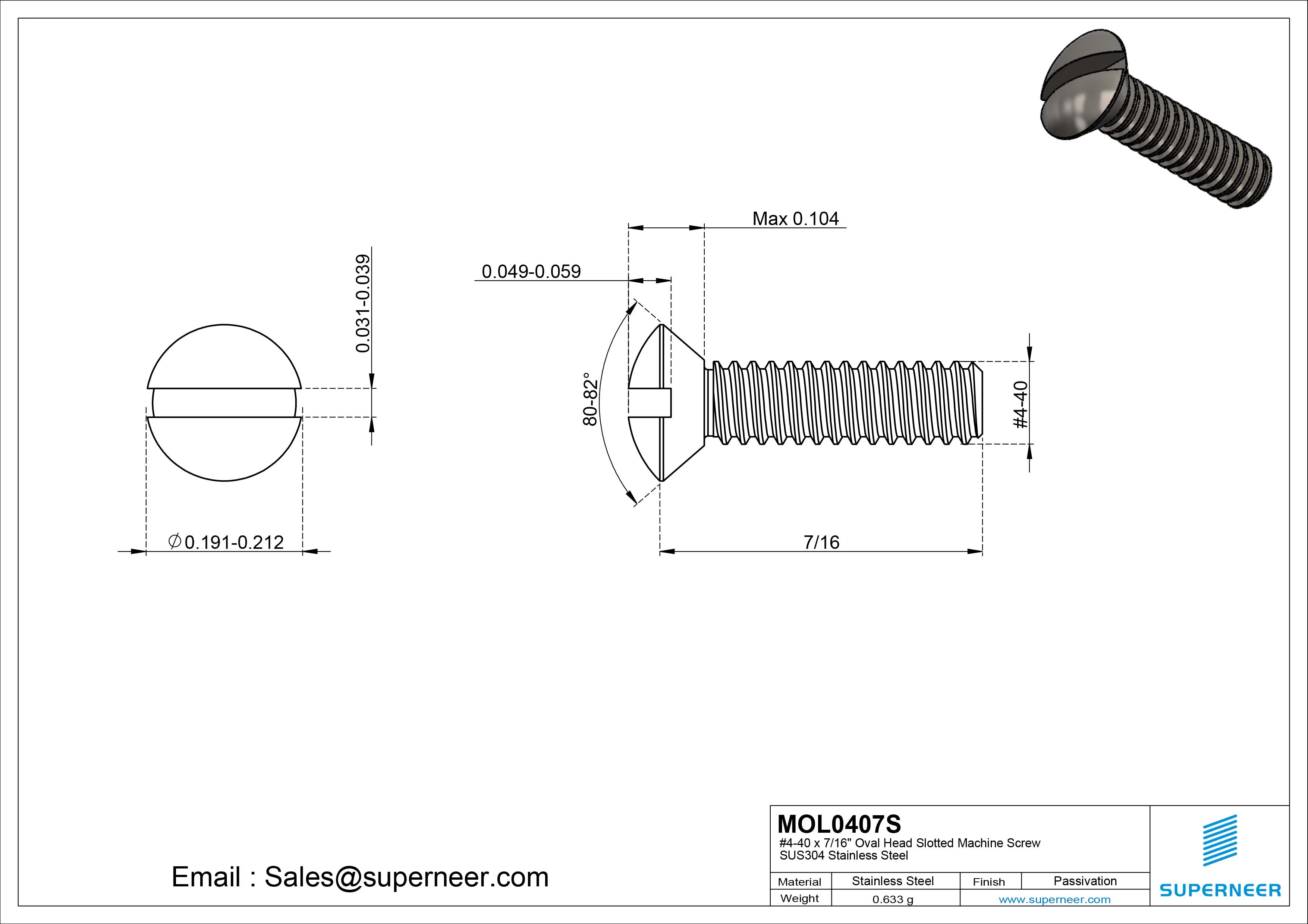 4-40 x 7/16" Oval Head Slotted Machine Screw SUS304 Stainless Steel Inox