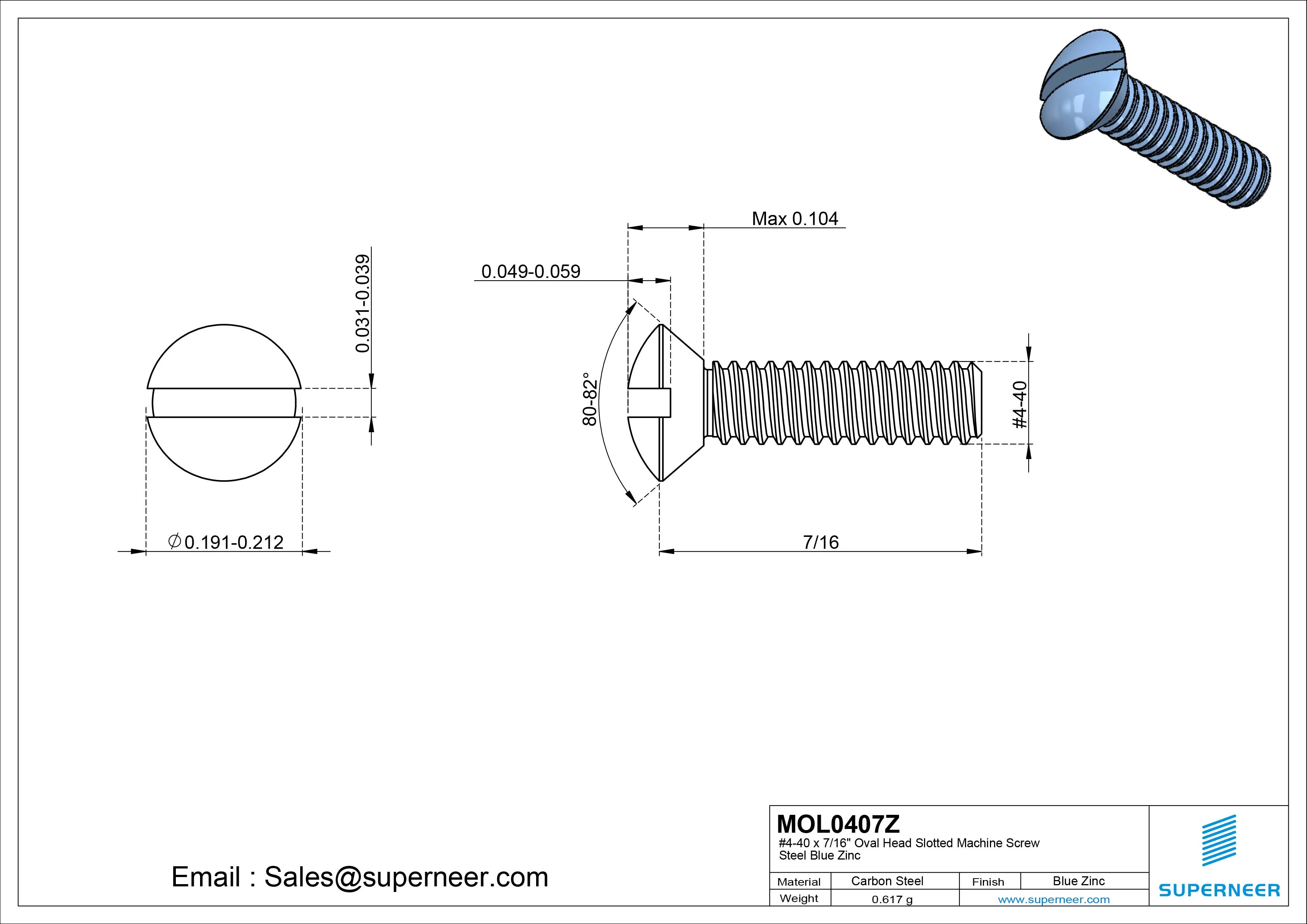 4-40 x 7/16" Oval Head Slotted Machine Screw Steel Blue Zinc Plated