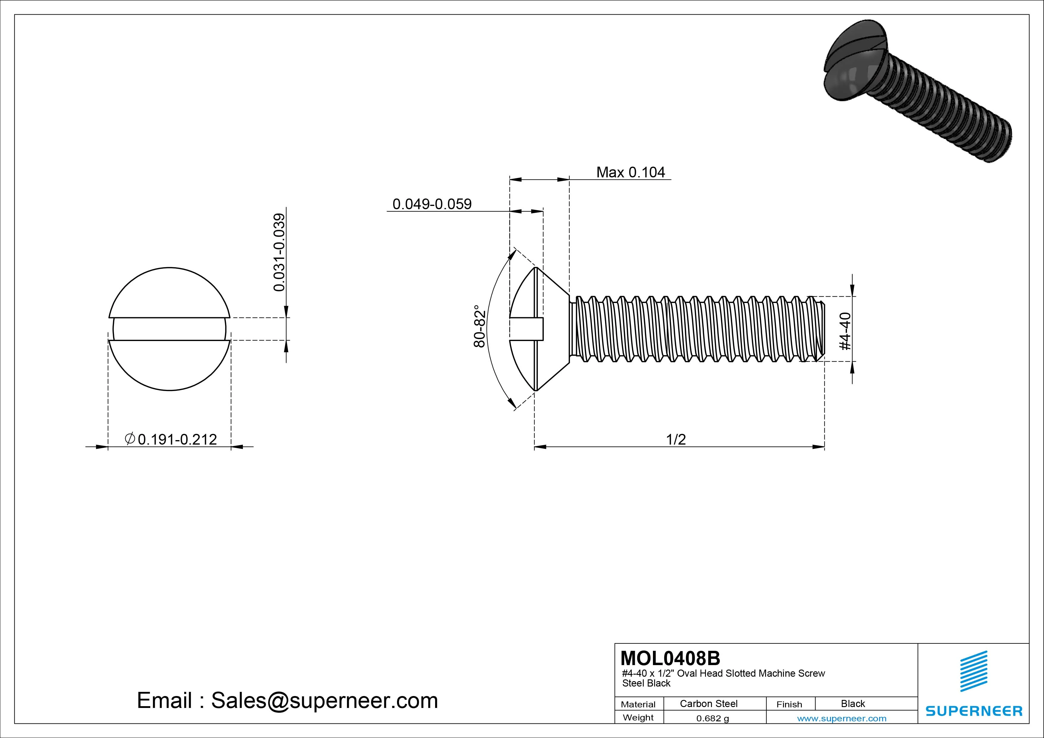 4-40 x1/2" Oval Head Slotted Machine Screw Steel Black