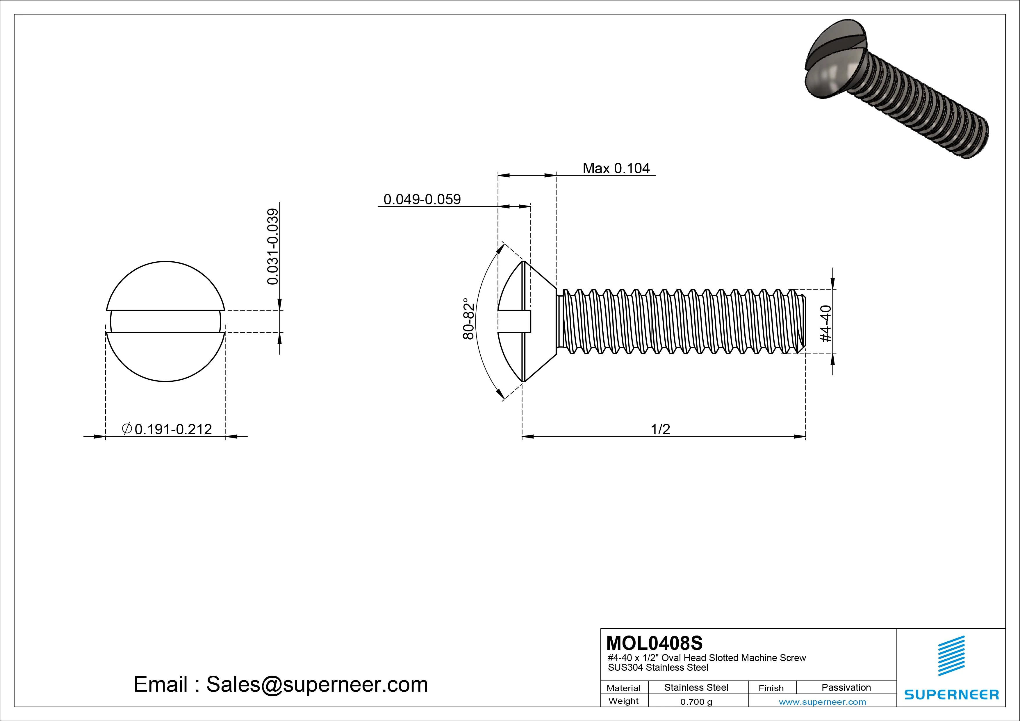 4-40 x 1/2" Oval Head Slotted Machine Screw SUS304 Stainless Steel Inox