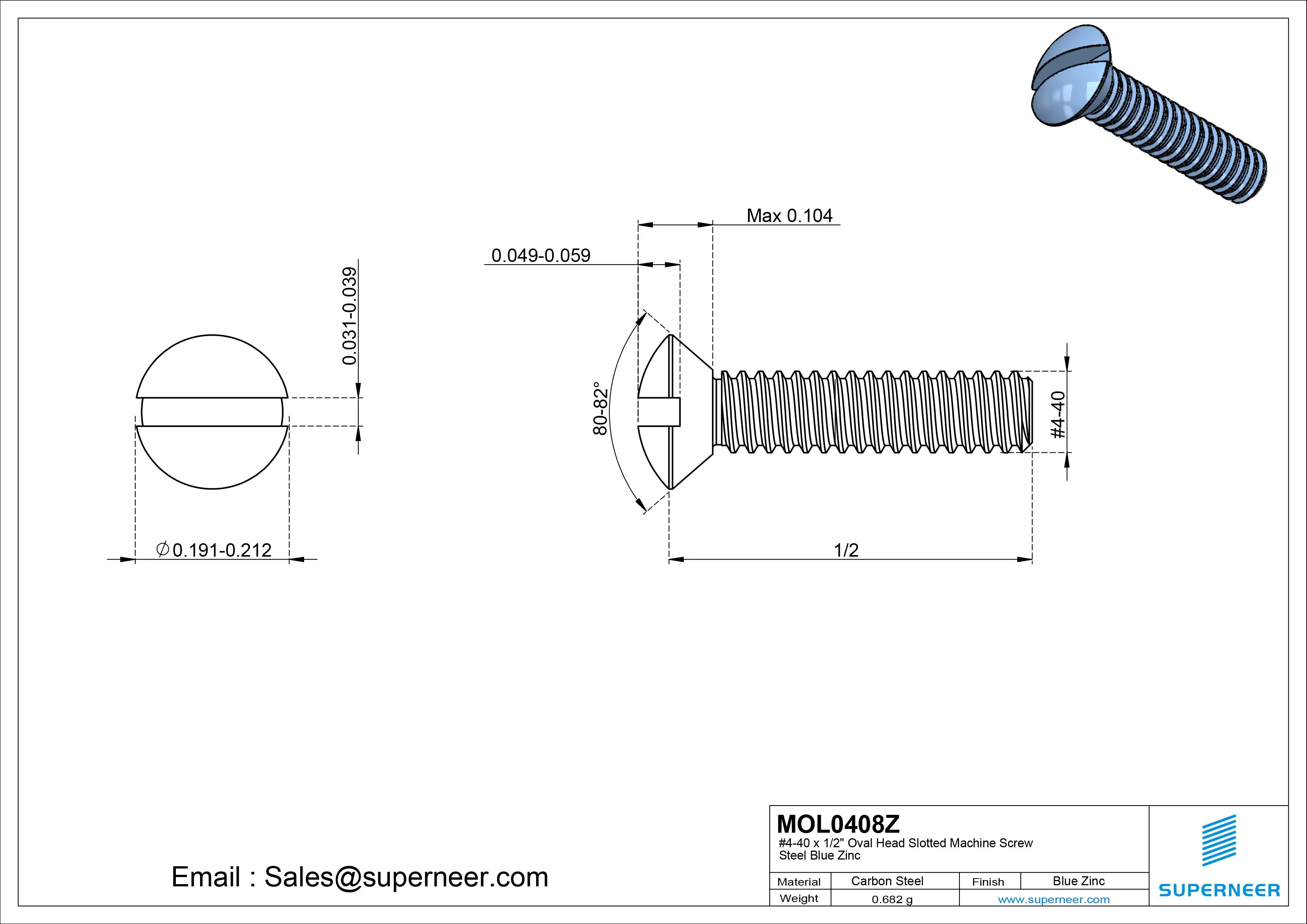4-40 x1/2" Oval Head Slotted Machine Screw Steel Blue Zinc Plated