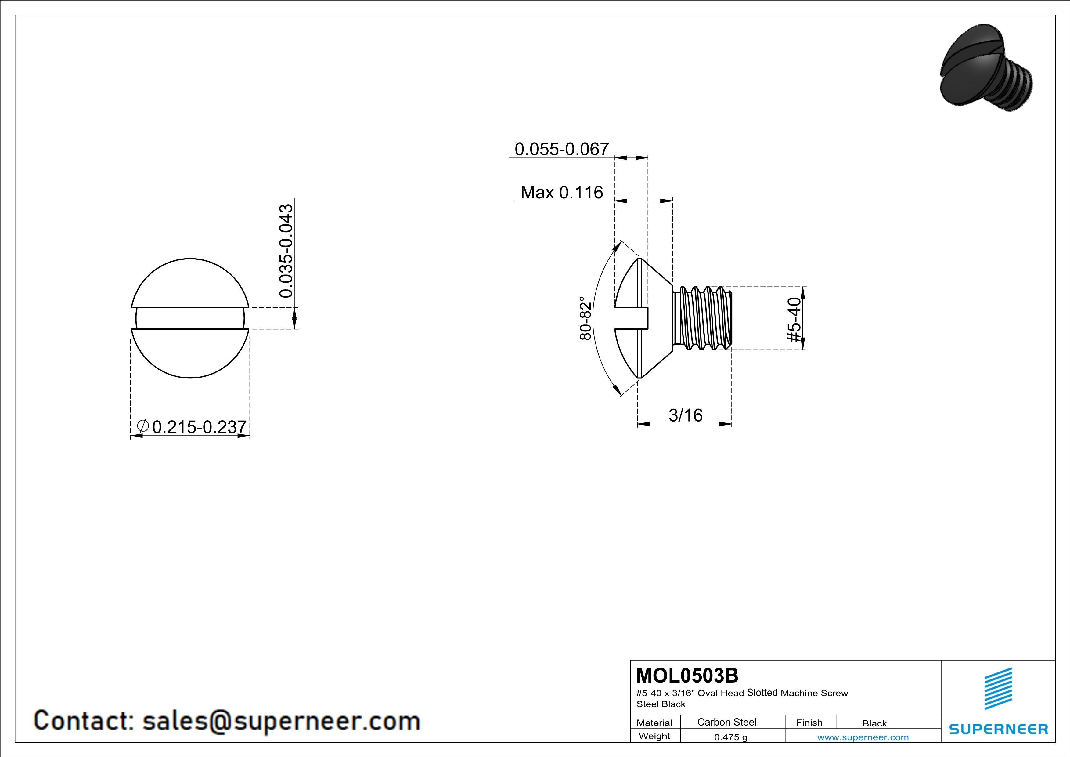 5-40 x 3/16" Oval Head Slotted Machine Screw Steel Black