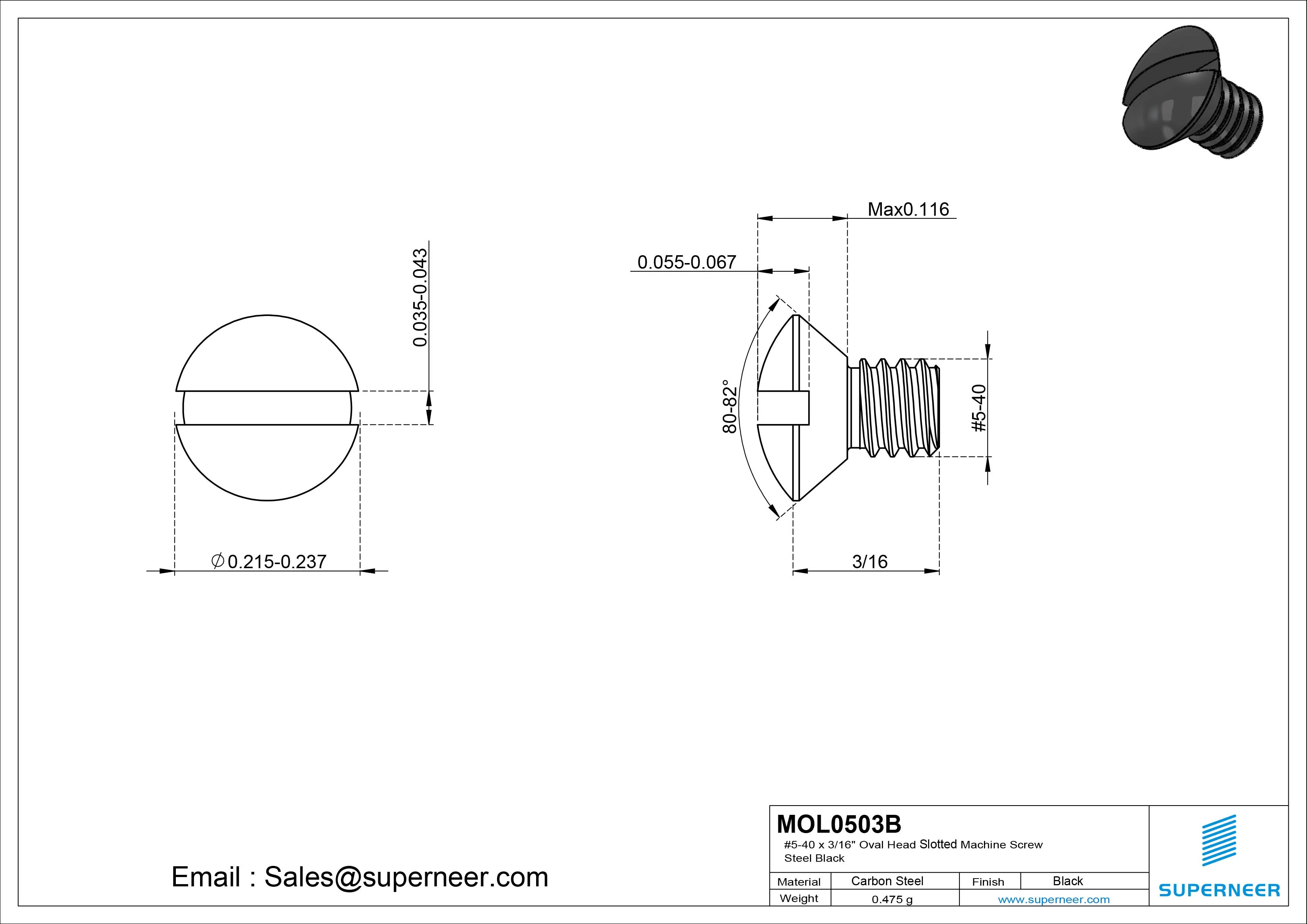 5-40 x 3/16" Oval Head Slotted Machine Screw Steel Black