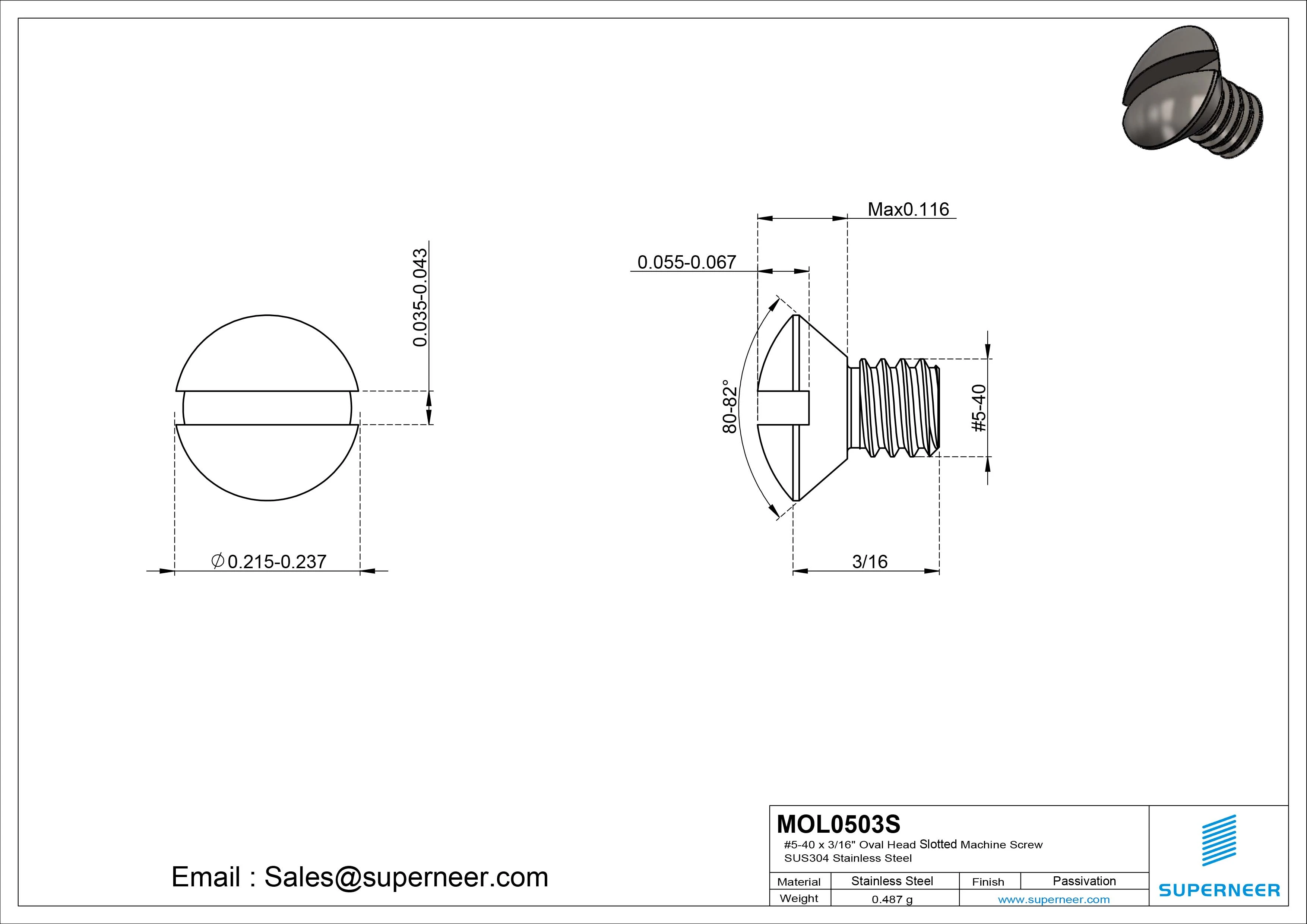 5-40 x 3/16" Oval Head Slotted Machine Screw SUS304 Stainless Steel Inox