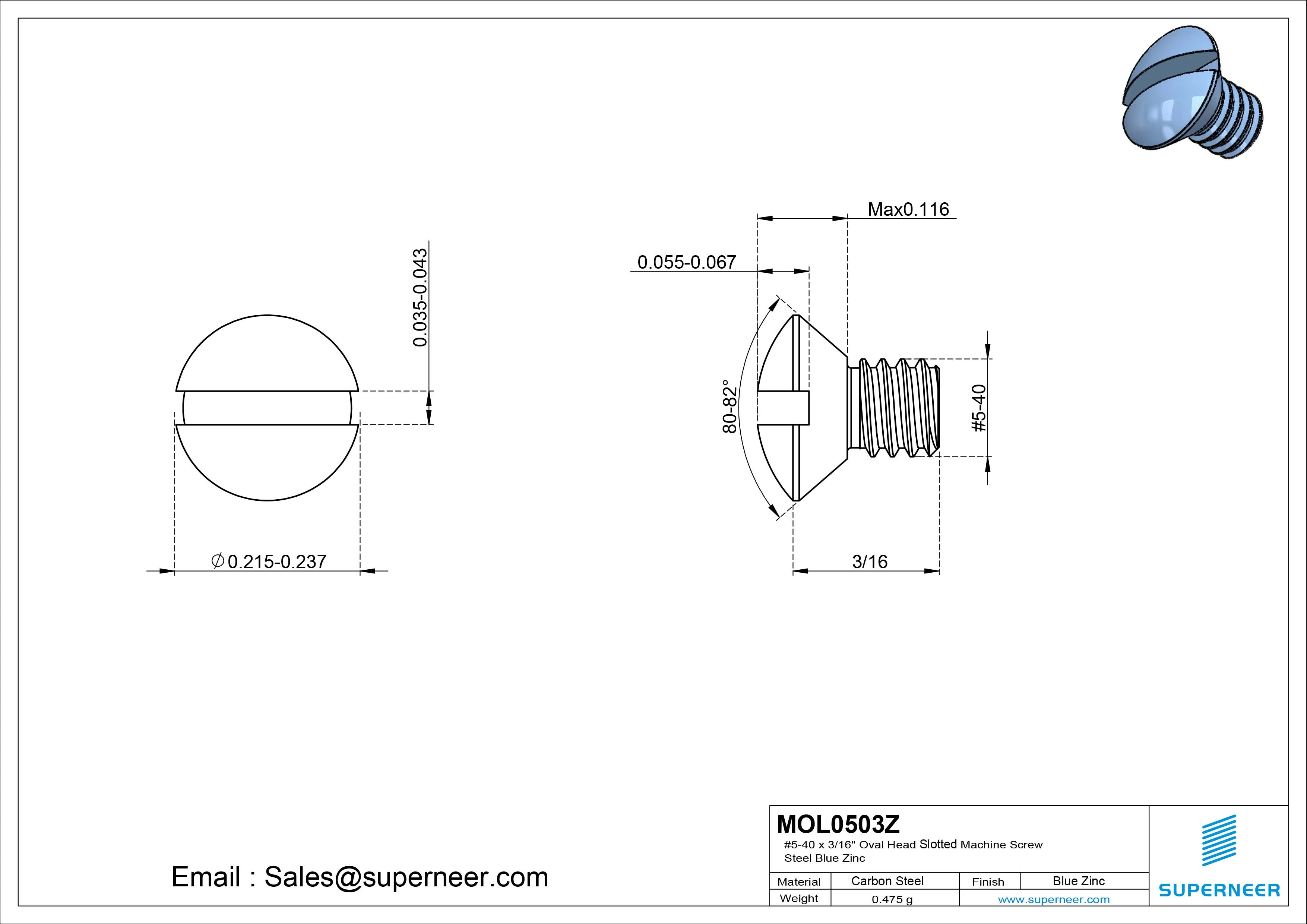 5-40 x 3/16" Oval Head Slotted Machine Screw Steel Blue Zinc Plated
