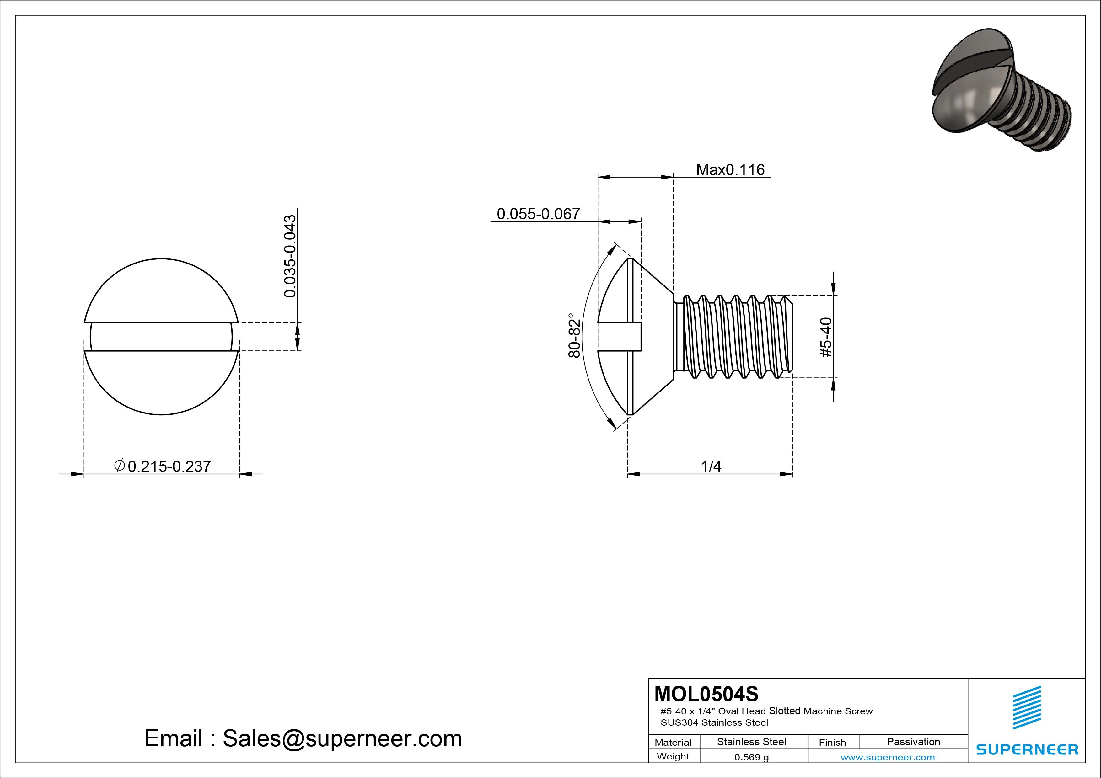 5-40 x 1/4" Oval Head Slotted Machine Screw SUS304 Stainless Steel Inox