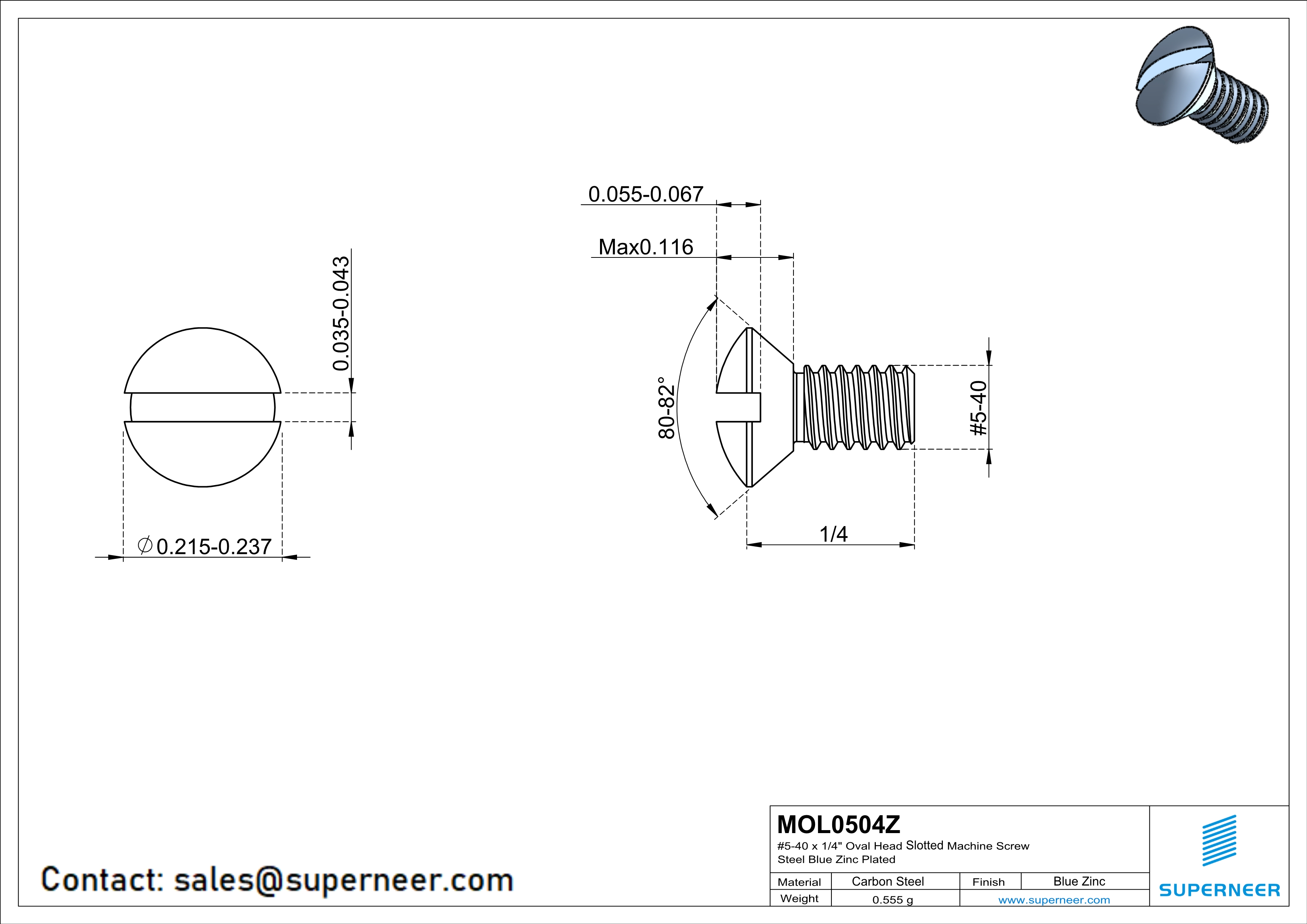 5-40 x 1/4" Oval Head Slotted Machine Screw Steel Blue Zinc Plated