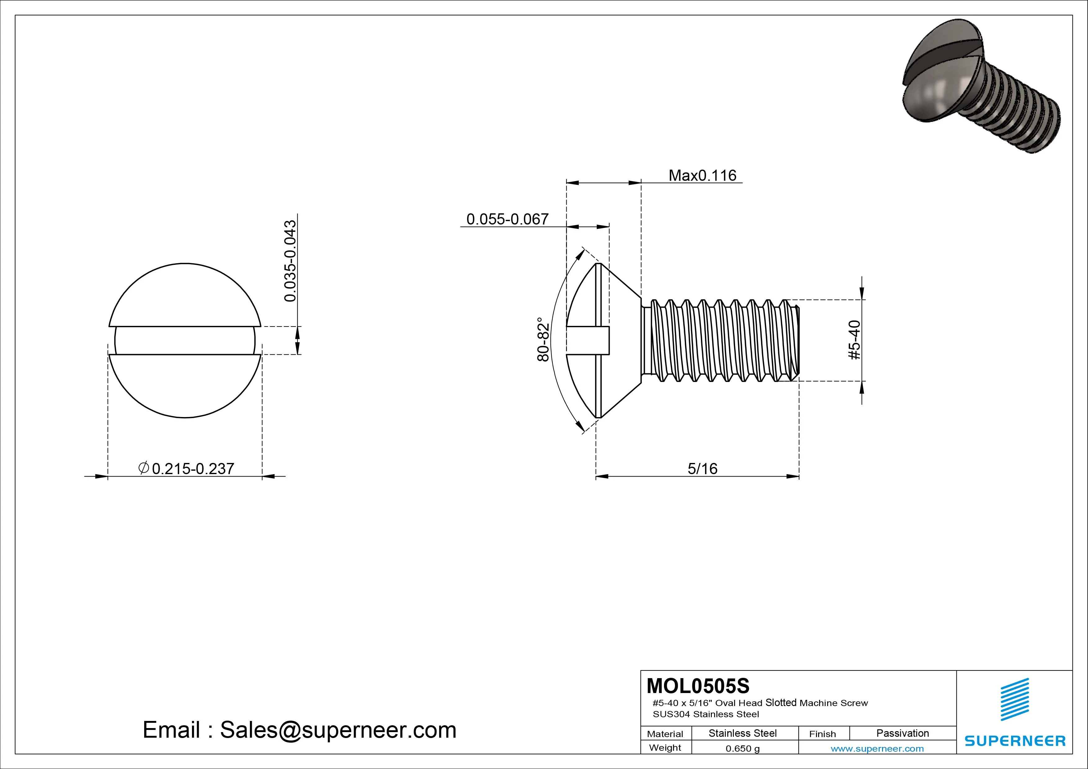 5-40 x 5/16" Oval Head Slotted Machine Screw SUS304 Stainless Steel Inox