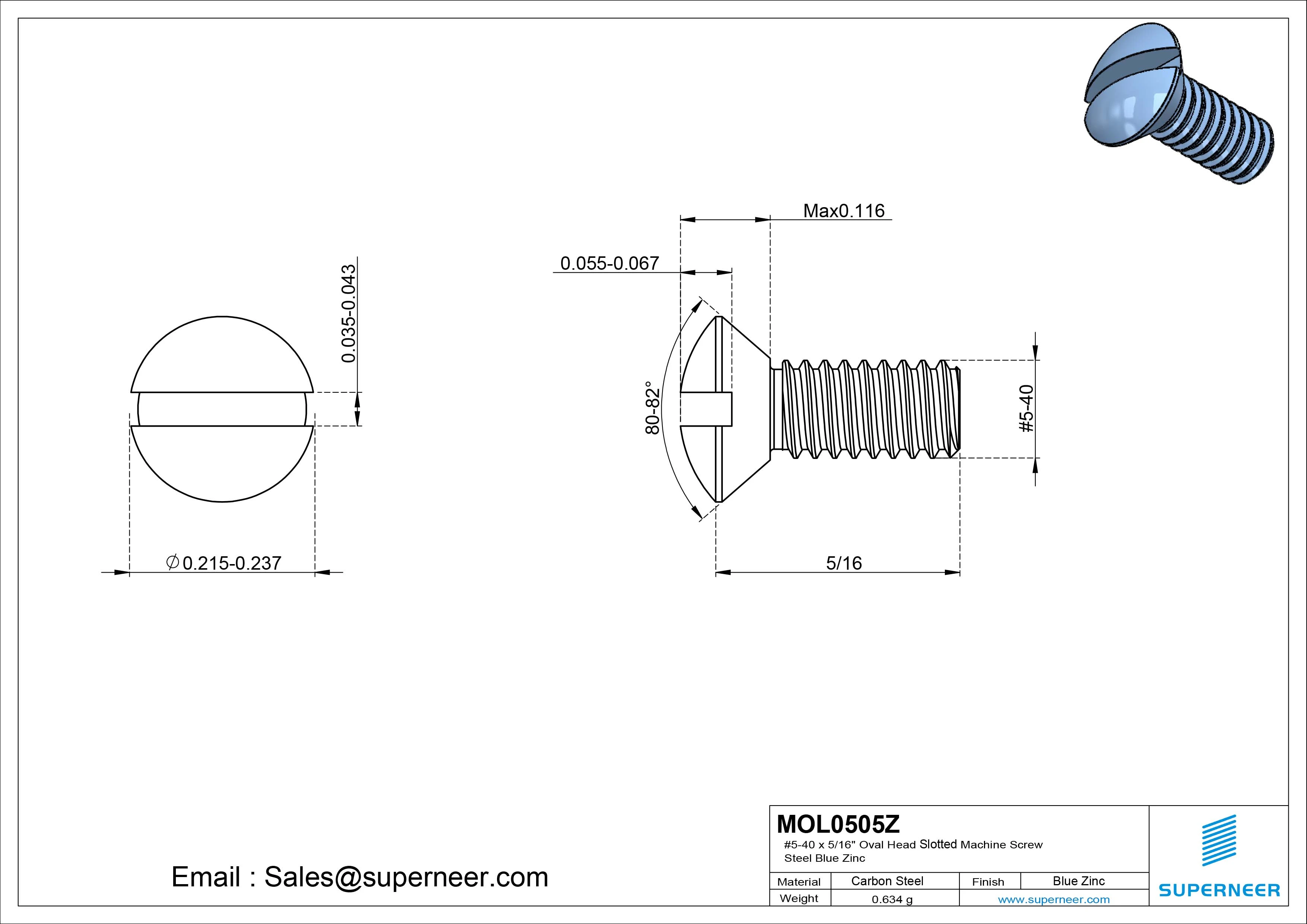 5-40 x 5/16" Oval Head Slotted Machine Screw Steel Blue Zinc Plated